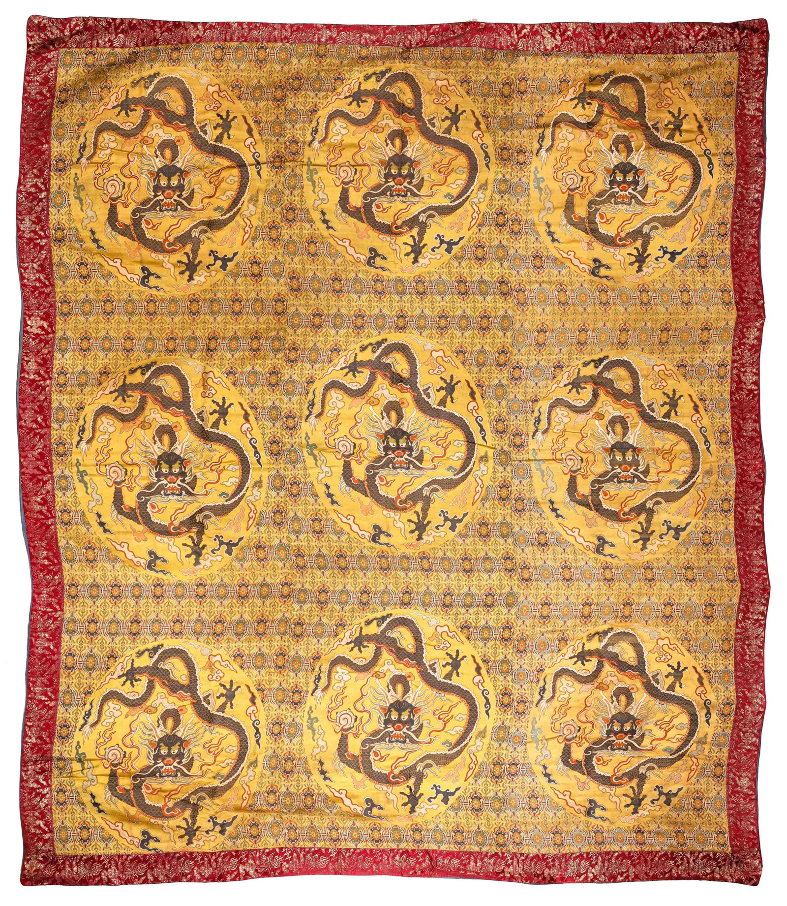 A Brocade ??Nine Medallion Dragons??: Dimensions: Width: 200.0 cm (78.74 in) x Height: 200.0 cm (78.74 in). All measurements are approximate.