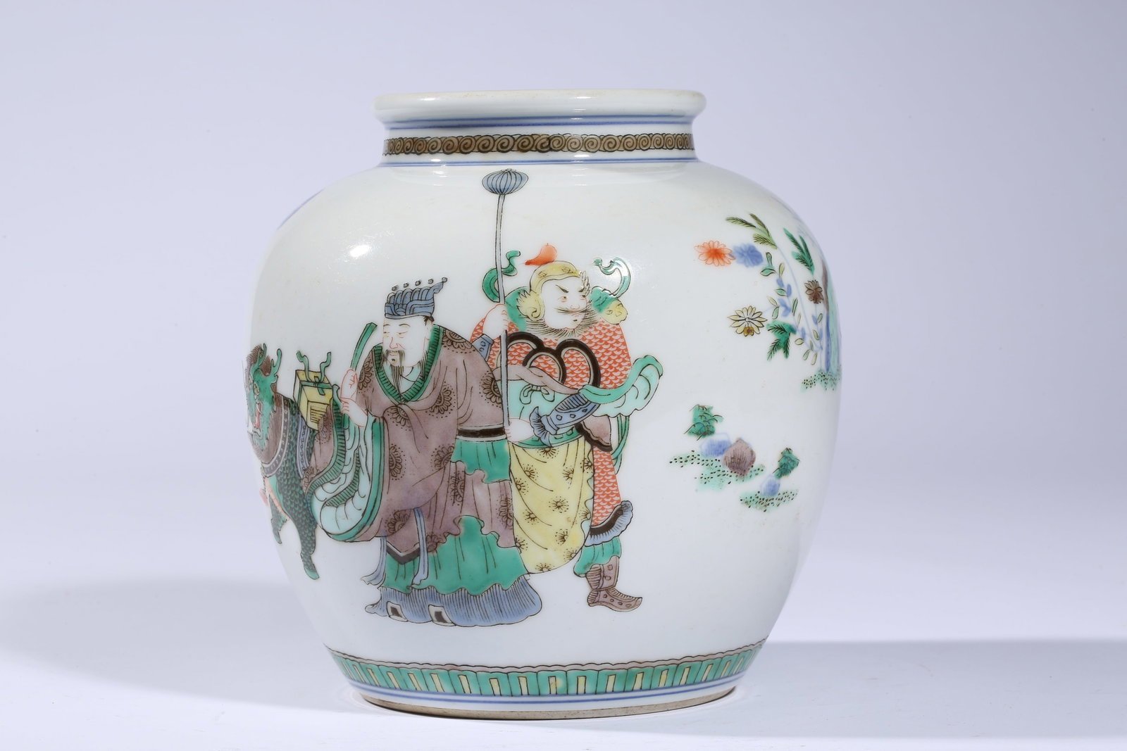 A Famille-Rose ??Narrative Scene?? Jar: Dimensions: Width: 16.7 cm (6.57 in) x Height: 17.4 cm (6.85 in). All measurements are approximate.