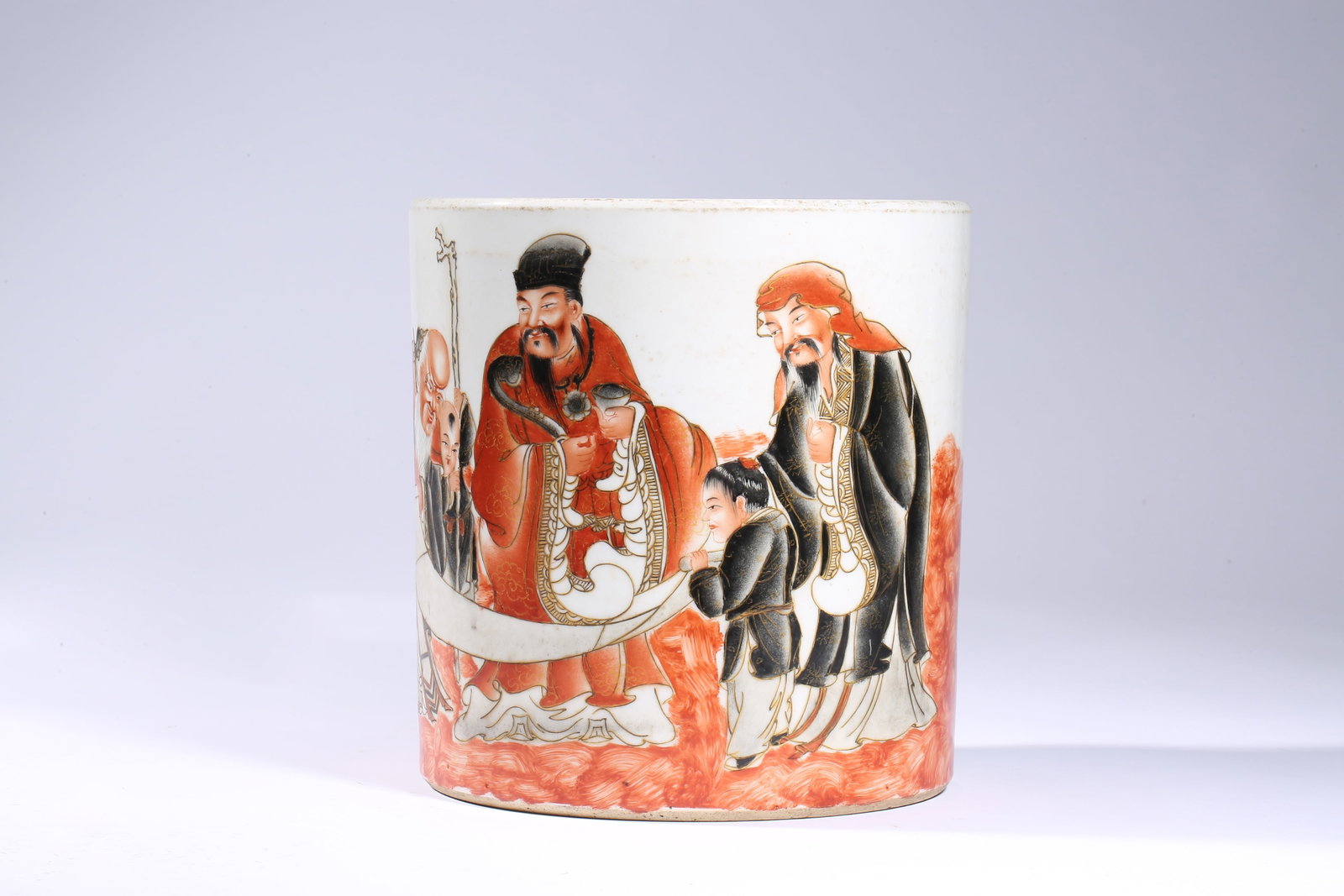 A ??Fu, Lu, Shou and Poem?? Brush Pot: Dimensions: Width: 20.0 cm (7.87 in) x Height: 21.3 cm (8.39 in). All measurements are approximate.