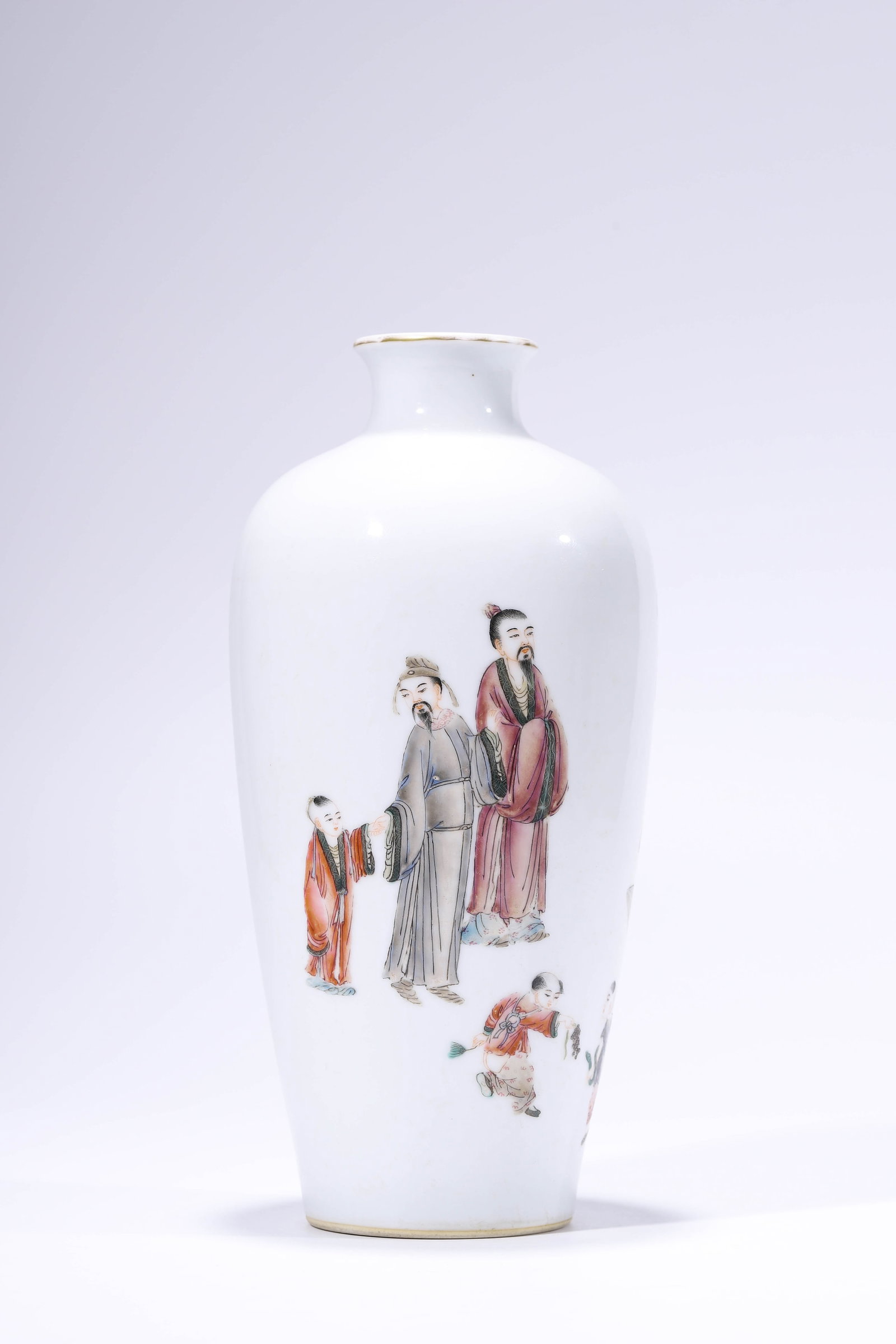 A Famille-Rose ??Narrative Scene?? Meiping: Dimensions: Width: 13.4 cm (5.28 in) x Height: 28.5 cm (11.22 in). All measurements are approximate.