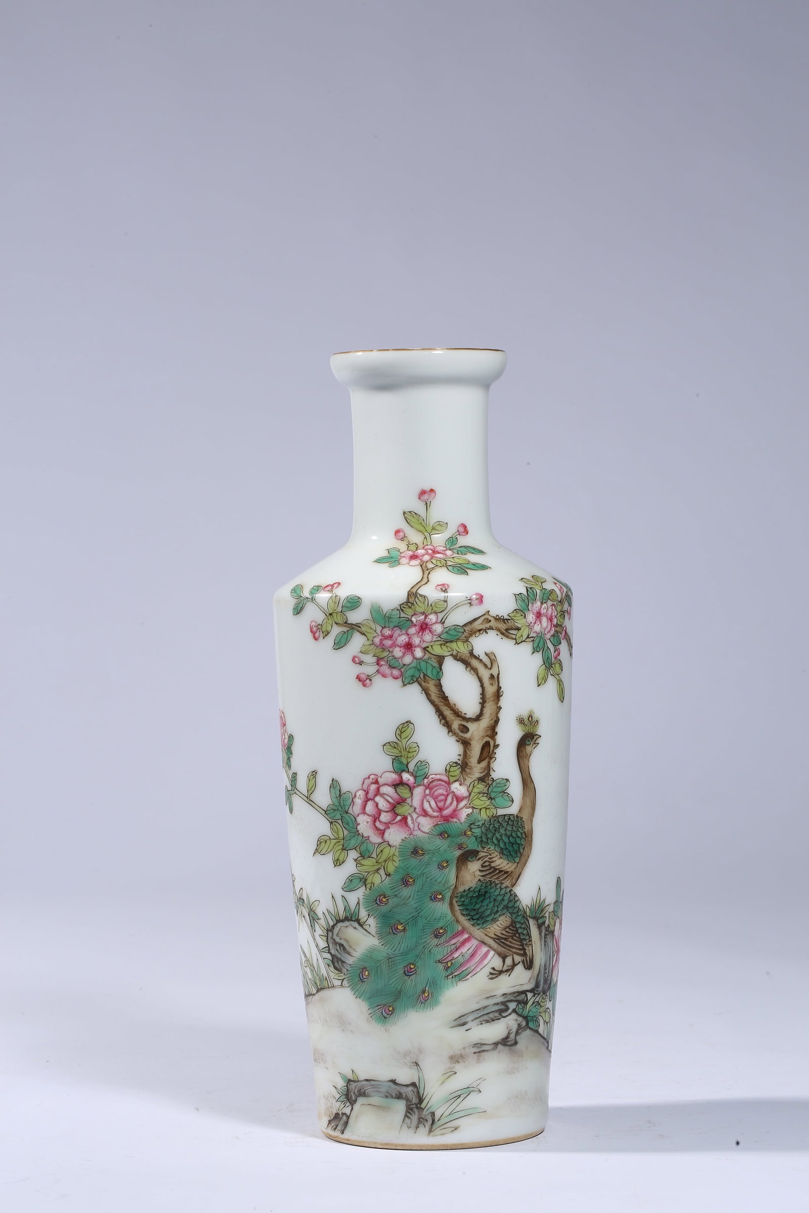 A Famille-Rose ??Peacock and Flowers?? ??Bangchui?? Vase: Dimensions: Width: 9.7 cm (3.82 in) x Height: 25.3 cm (9.96 in). All measurements are approximate.