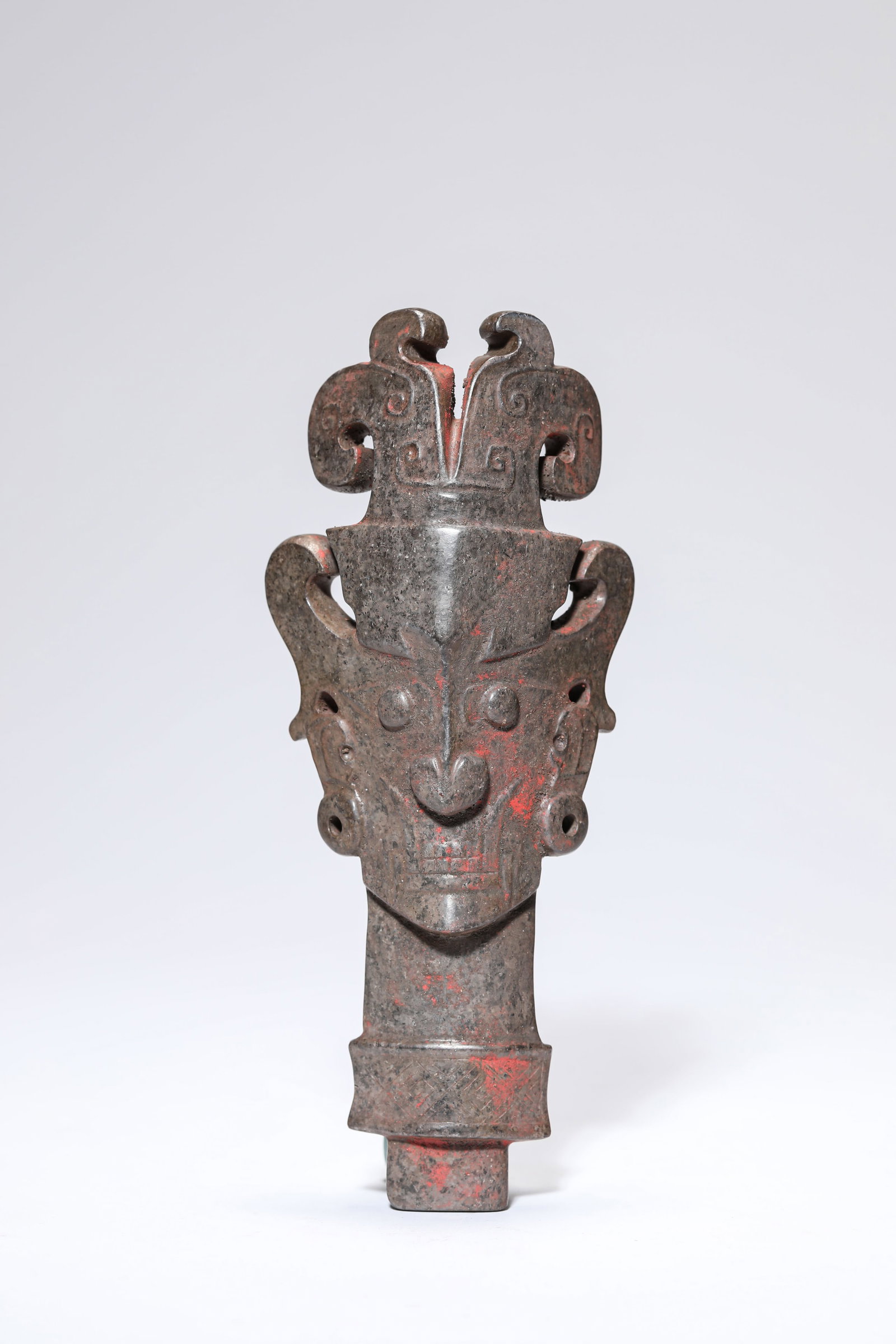 A Jade 'Ancestor Head': Dimensions: Width: 6.6 cm (2.60 in) x Height: 15.9 cm (6.26 in). All measurements are approximate.