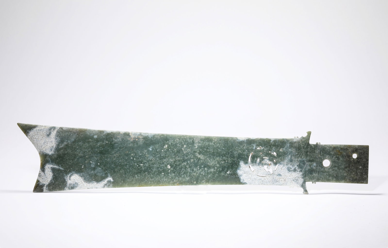 A Jade 'Yazhang' Ritual Blade: Dimensions: Width: 11.0 cm (4.33 in) x Height: 56.3 cm (22.17 in). All measurements are approximate.
