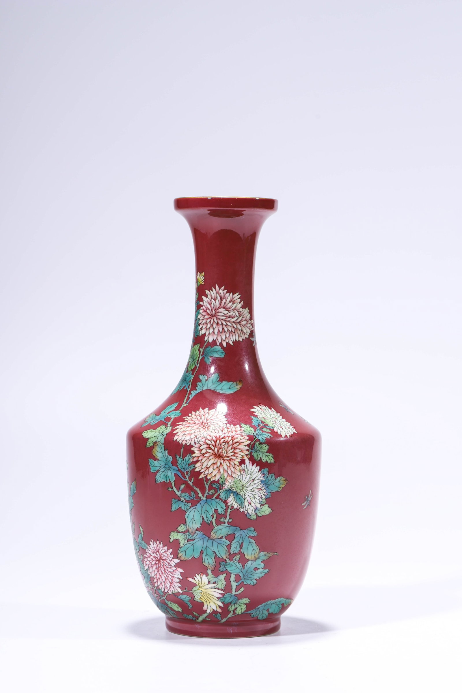 A Peachbloom-Ground Famille-Rose ??Floral Abundance?? ??Folded-Shoulder, Dish-Mouth?? Vase: Dimensions: Width: 13.0 cm (5.12 in) x Height: 28.8 cm (11.34 in). All measurements are approximate.