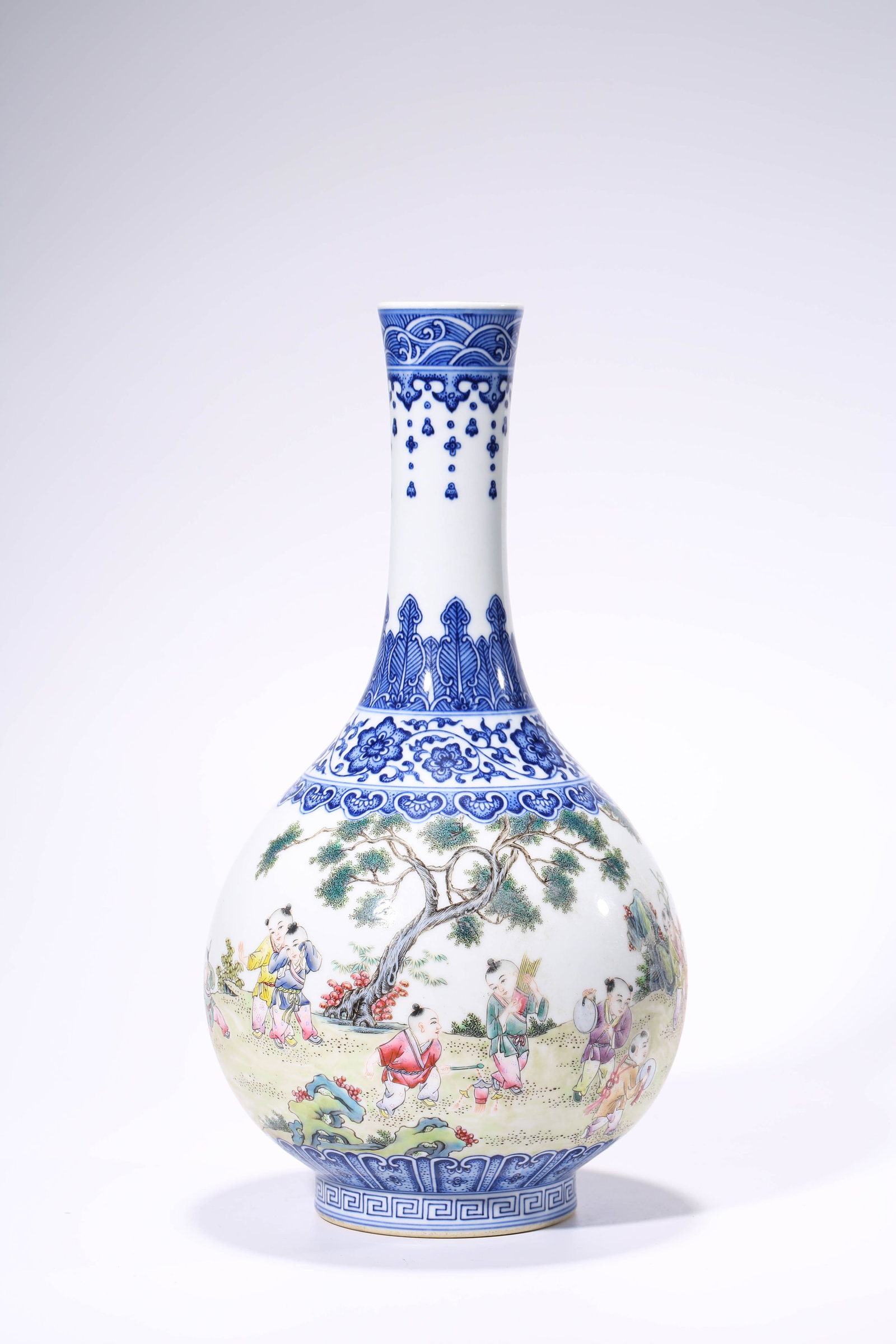 A Blue and White and Famille-Rose ??Children at Play?? ??Long-Neck?? Vase: Dimensions: Width: 18.7 cm (7.36 in) x Height: 35.2 cm (13.86 in). All measurements are approximate.
