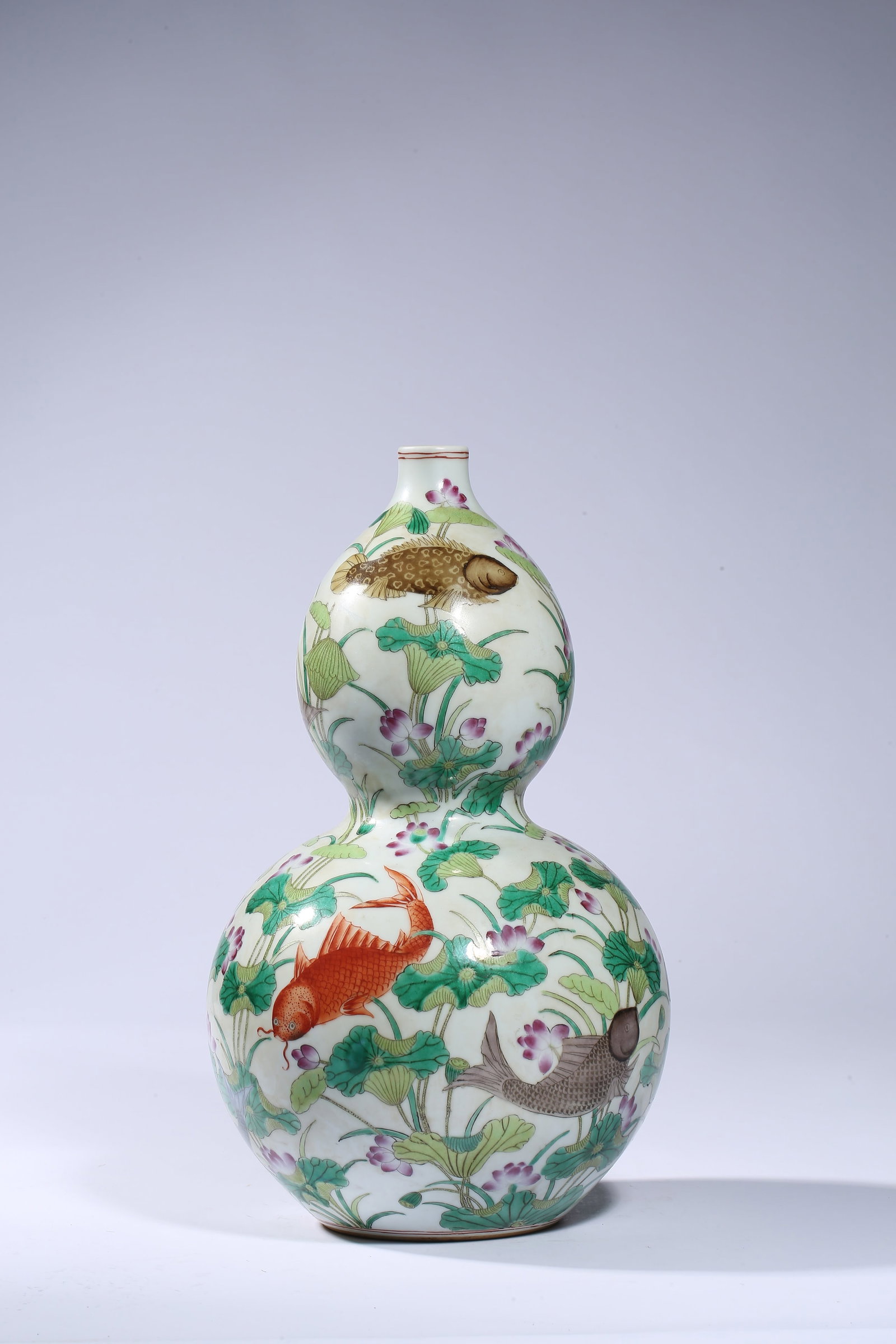 A Famille-Rose ??Fish and Lotus?? ??Double-Gourd?? Vase: Dimensions: Width: 21.7 cm (8.54 in) x Height: 36.7 cm (14.45 in). All measurements are approximate.