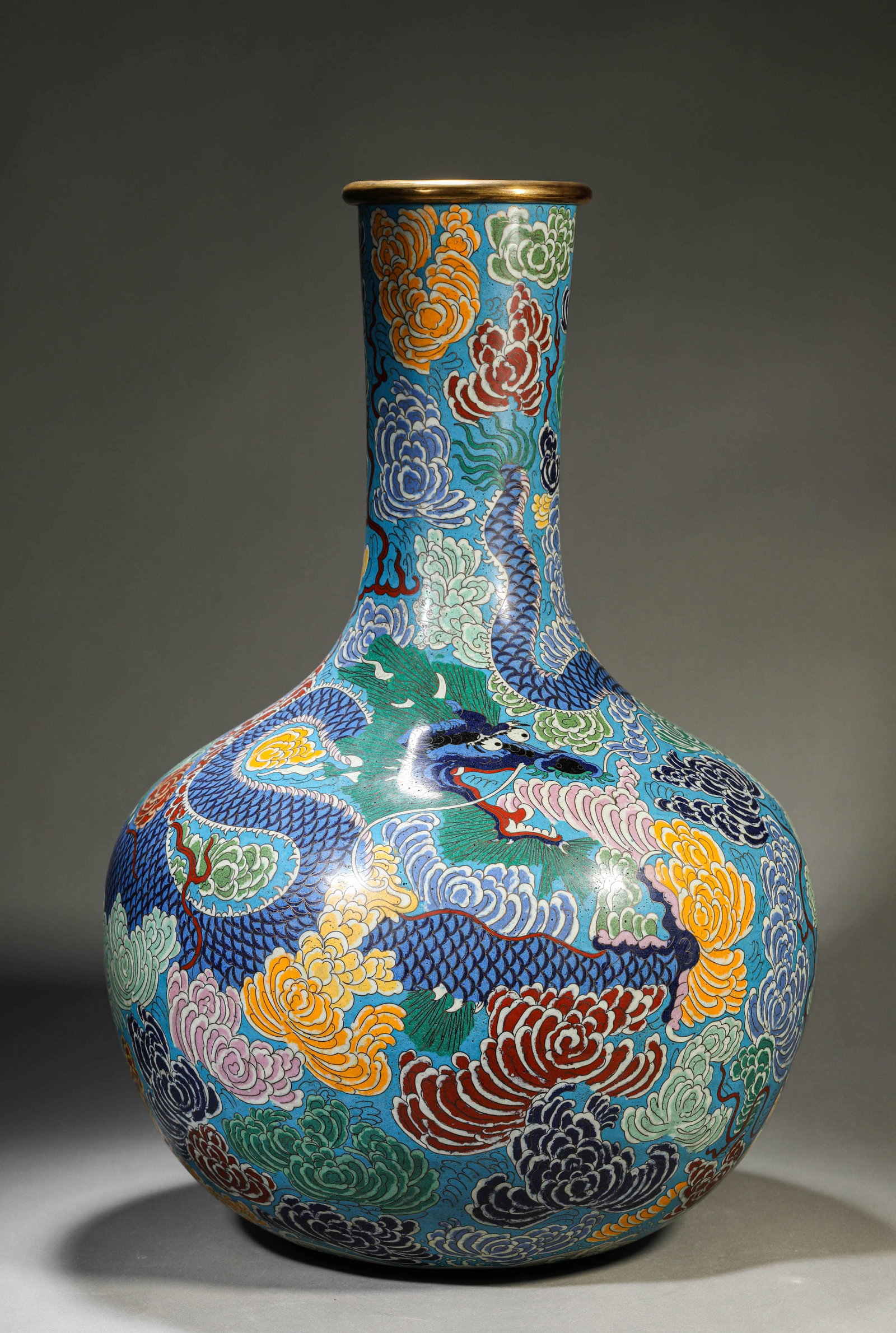 A Cloisonn?? Enamel ??Floral and Dragon?? Celestial Globe Vase: Dimensions: Weight: 7.7kg. Width: 38.7 cm (15.24 in) x Height: 57.5 cm (22.64 in). All measurements are approximate.