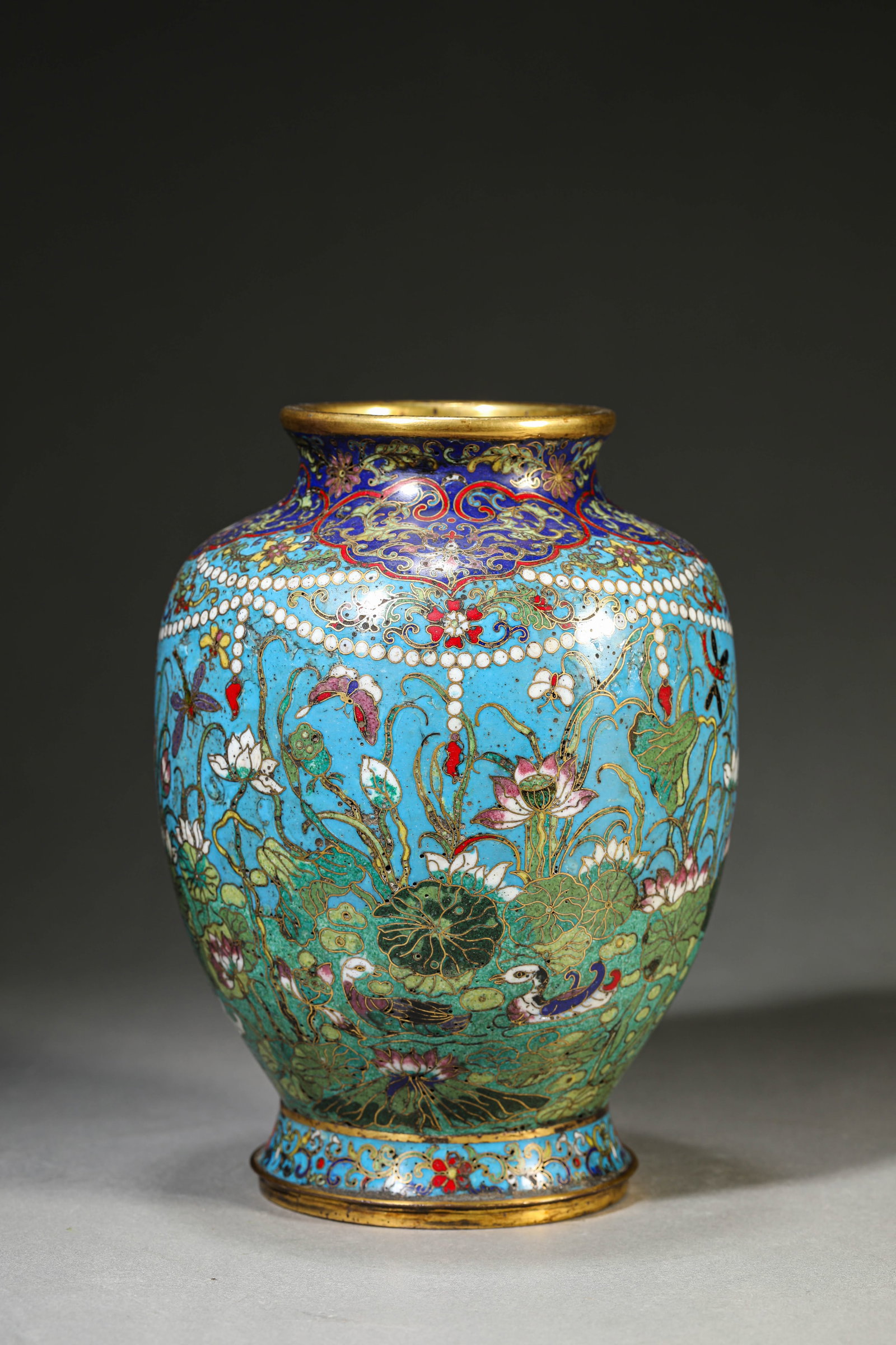 A Cloisonn?? Enamel ??Lotus Pond?? Vase: Dimensions: Weight: 1484g. Width: 14.6 cm (5.75 in) x Height: 19.8 cm (7.80 in). All measurements are approximate.