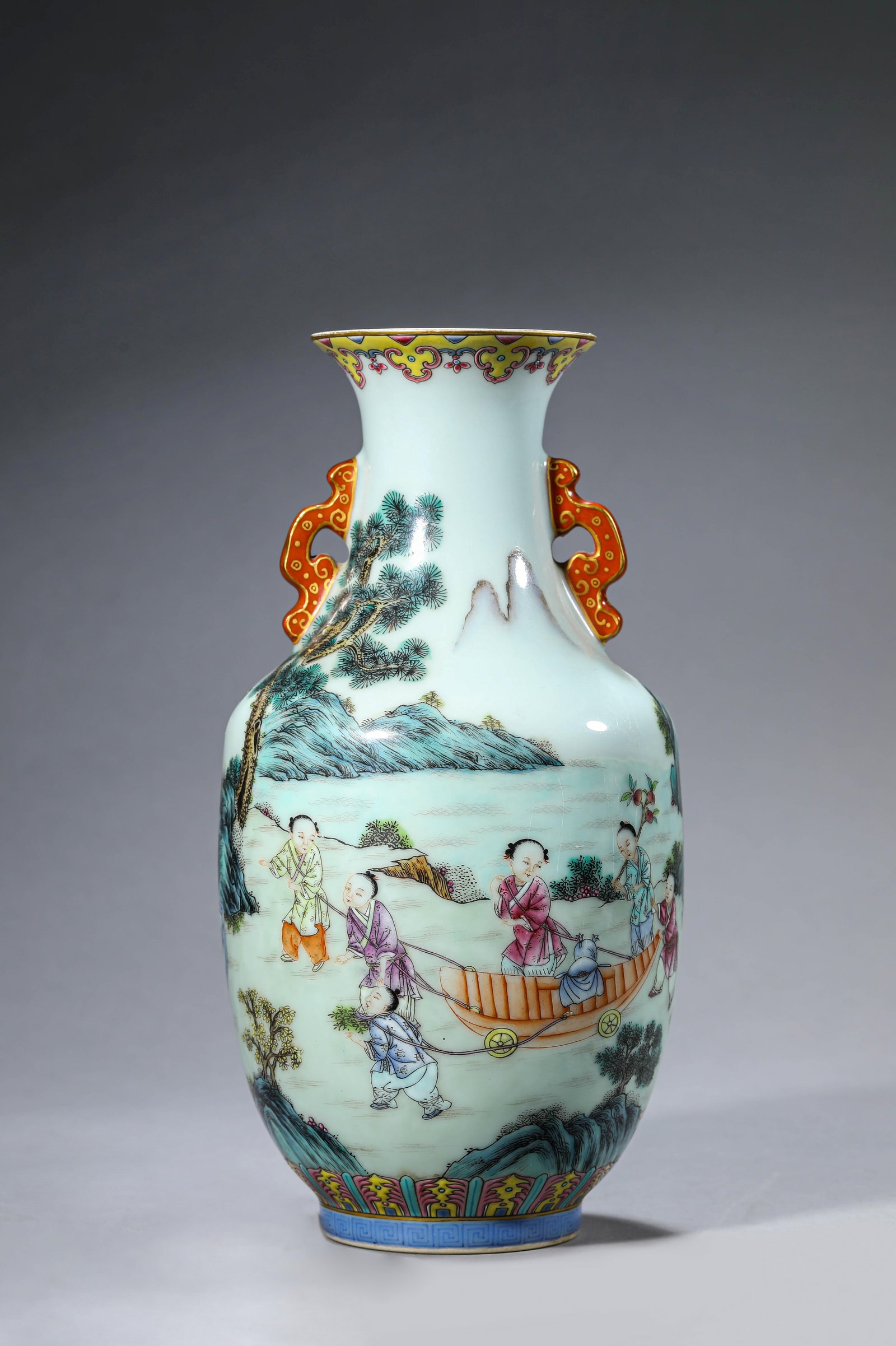 A Famille-Rose 'Children at Play' 'Two-Handled' Vase: Dimensions: Width: 14.6 cm (5.75 in) x Height: 29.0 cm (11.42 in). All measurements are approximate.