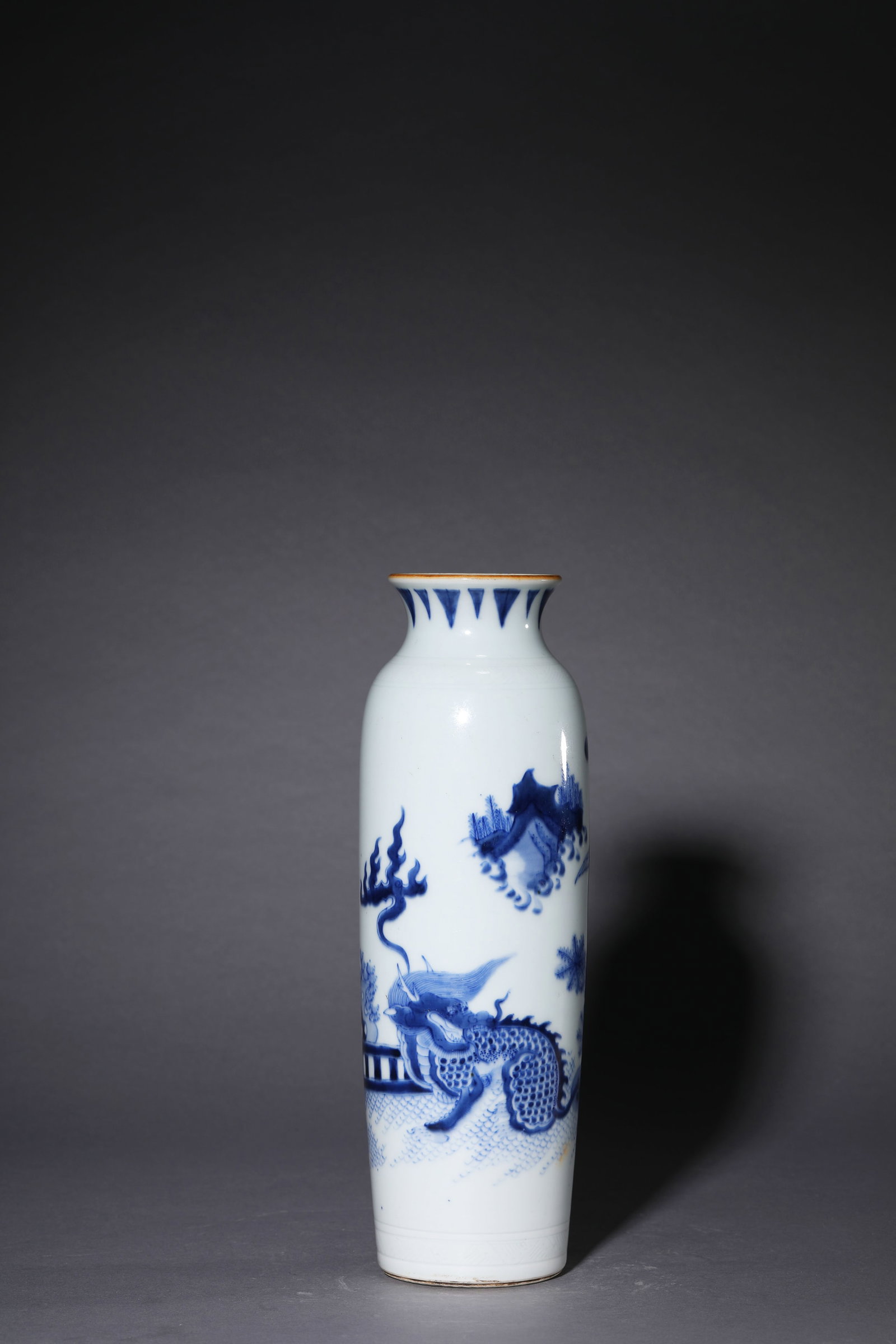A Blue and White 'Kylin' 'Tube-Form' Vase: Dimensions: Width: 8.8 cm (3.46 in) x Height: 27.6 cm (10.87 in). All measurements are approximate.