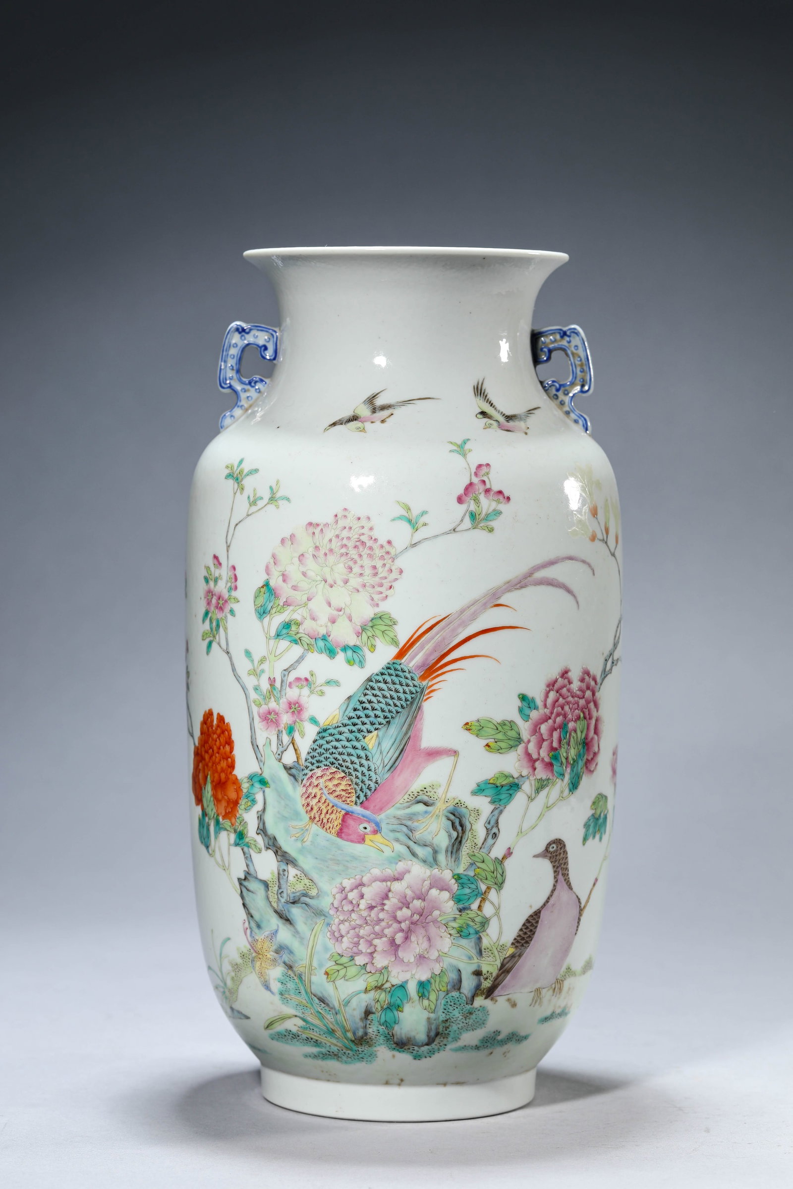 A Famille-Rose 'Flowers and Birds' Lantern Vase: Dimensions: Width: 16.5 cm (6.50 in) x Height: 32.5 cm (12.80 in). All measurements are approximate.