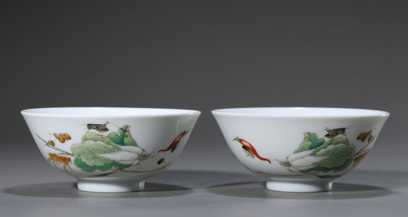 A Pair of Famille-Rose 'Cabbage and Poem' Bowls: Dimensions: Width: 11.3 cm (4.45 in) x Height: 5.0 cm (1.97 in). All measurements are approximate.