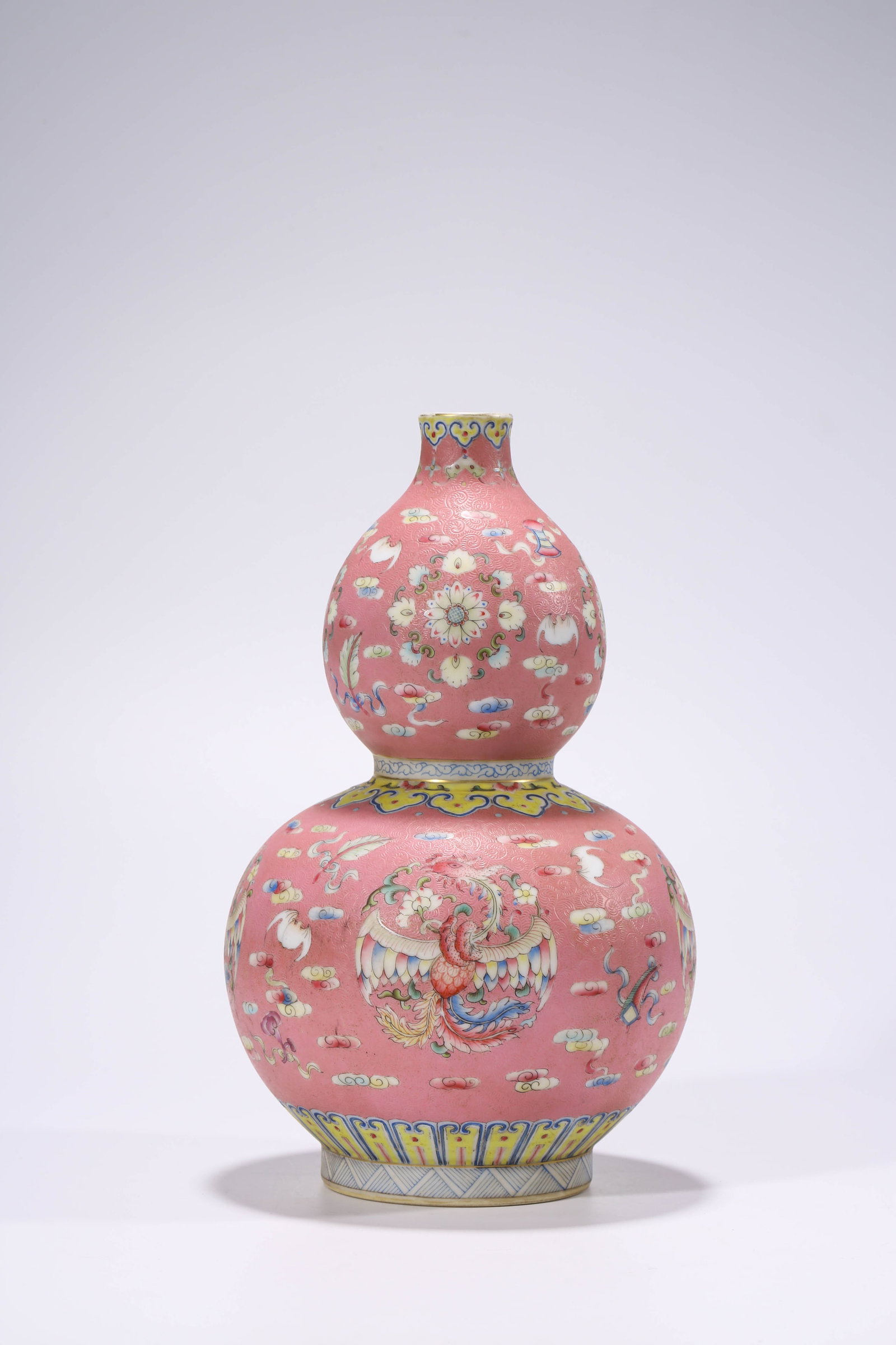 A Cherry-Pink-Ground ??Phoenix and Auspicious Emblems?? ??Double-Gourd?? Vase: Dimensions: Width: 18.8 cm (7.40 in) x Height: 30.8 cm (12.13 in). All measurements are approximate.