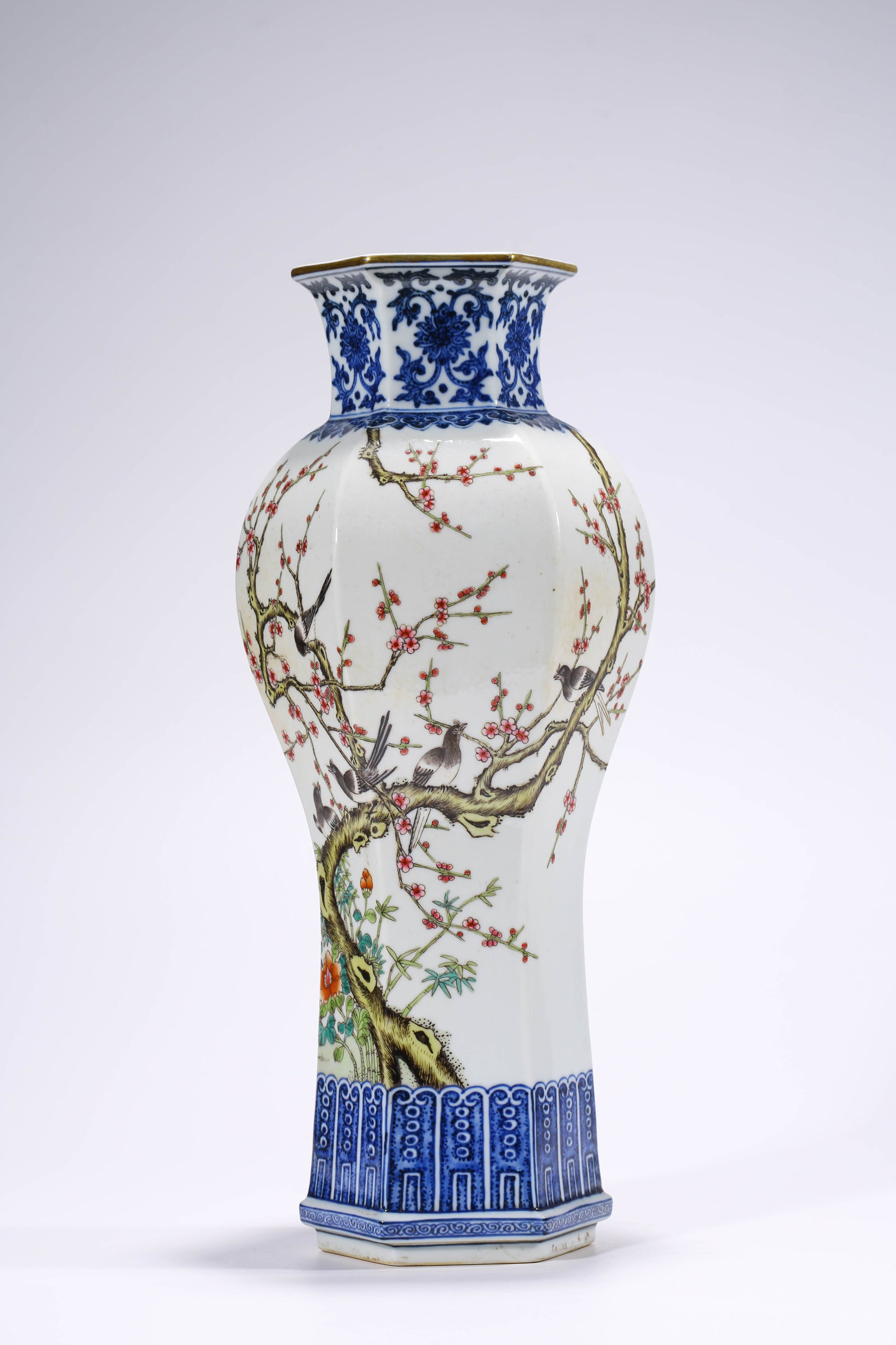 A Blue and White and Famille-Rose ??Magpies on a Plum Branch?? ??Hexagonal?? Vase: Dimensions: Width: 14.5 cm (5.71 in) x Height: 38.7 cm (15.24 in). All measurements are approximate.