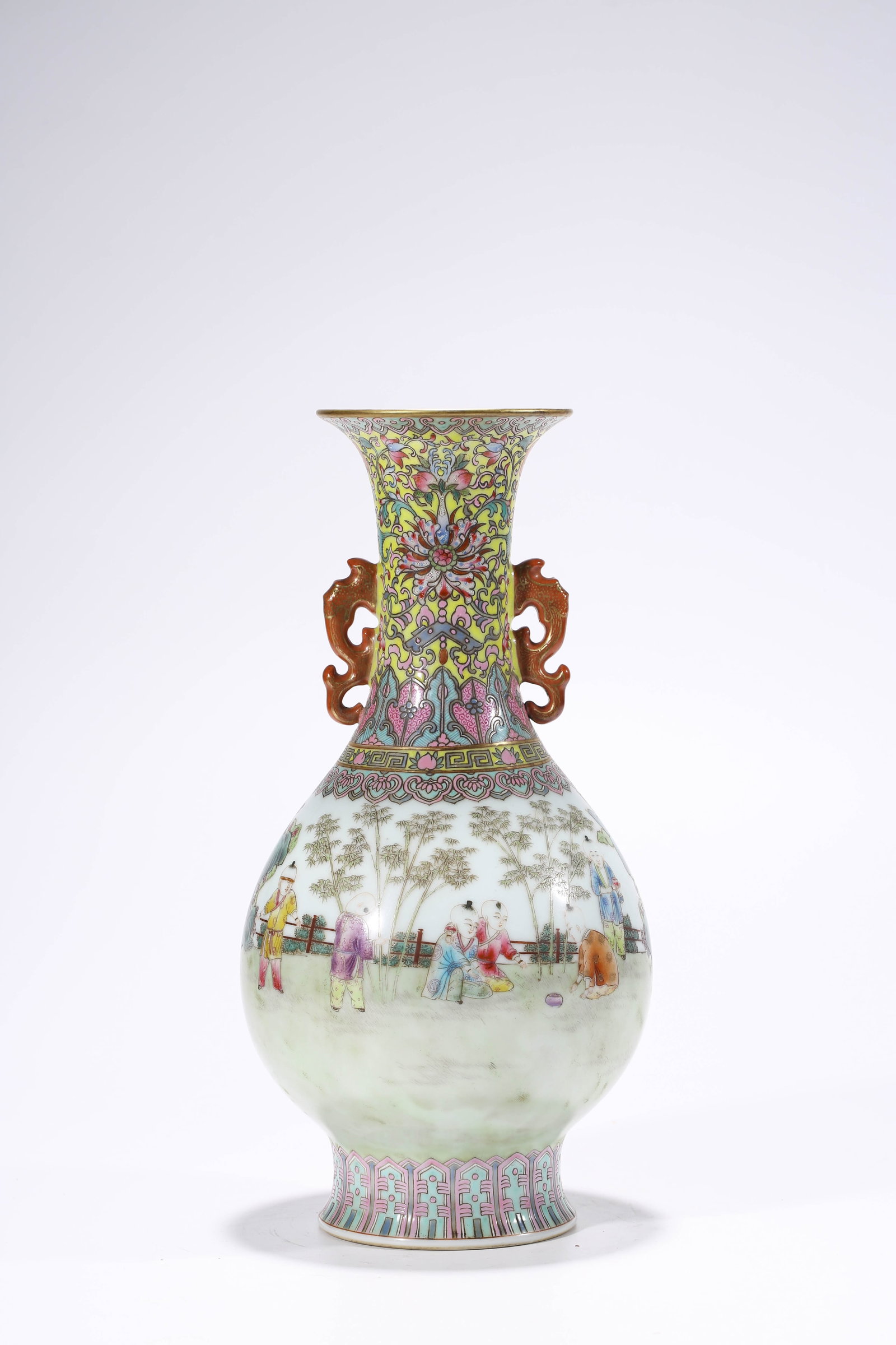 A Famille-Rose ??Children at Play?? ??Two-Handled?? Vase: Dimensions: Width: 15.5 cm (6.10 in) x Height: 31.1 cm (12.24 in). All measurements are approximate.