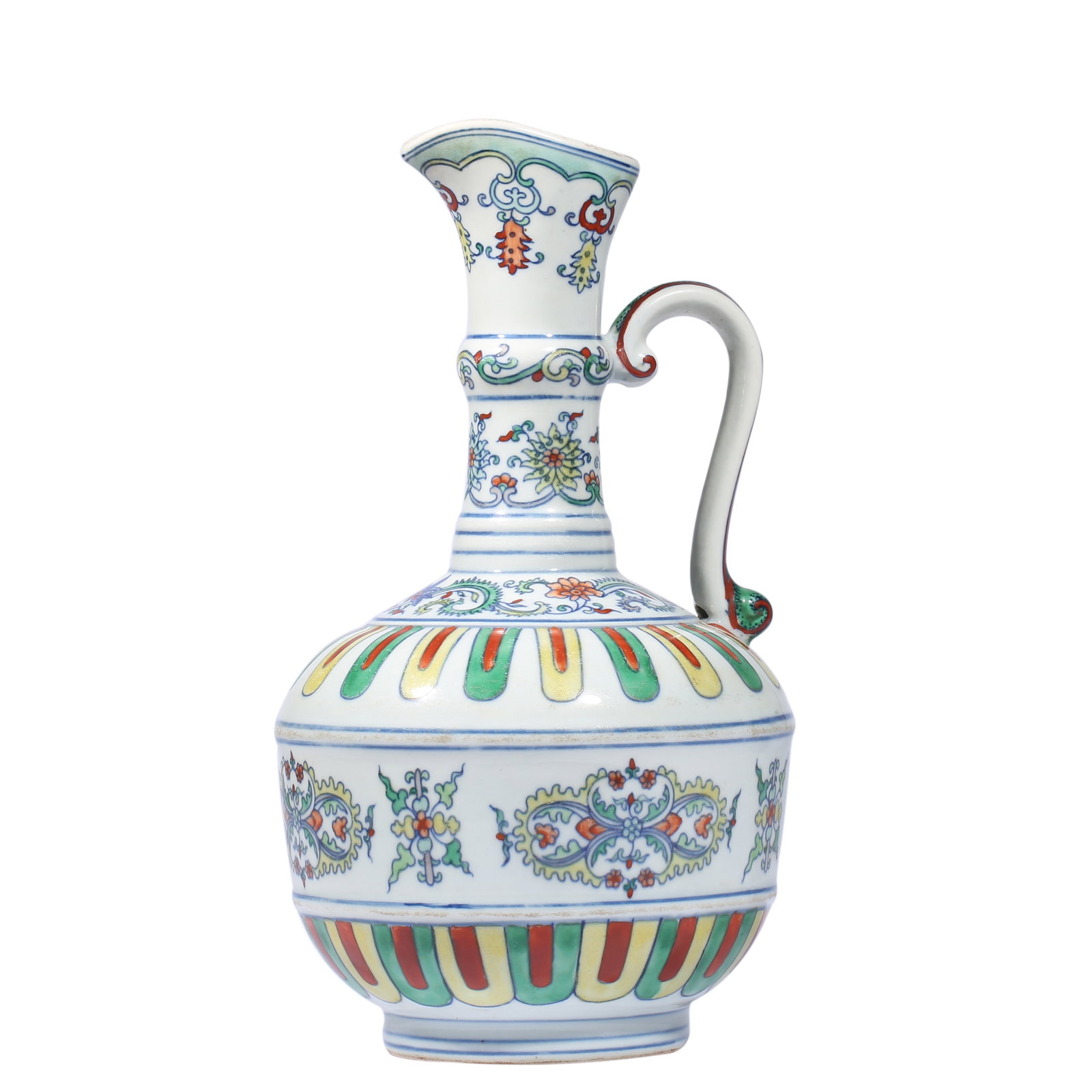 A Doucai ??Interlocking Florals?? Ewer: Dimensions: Width: 18.6 cm (7.32 in) x Height: 33.4 cm (13.15 in). All measurements are approximate.