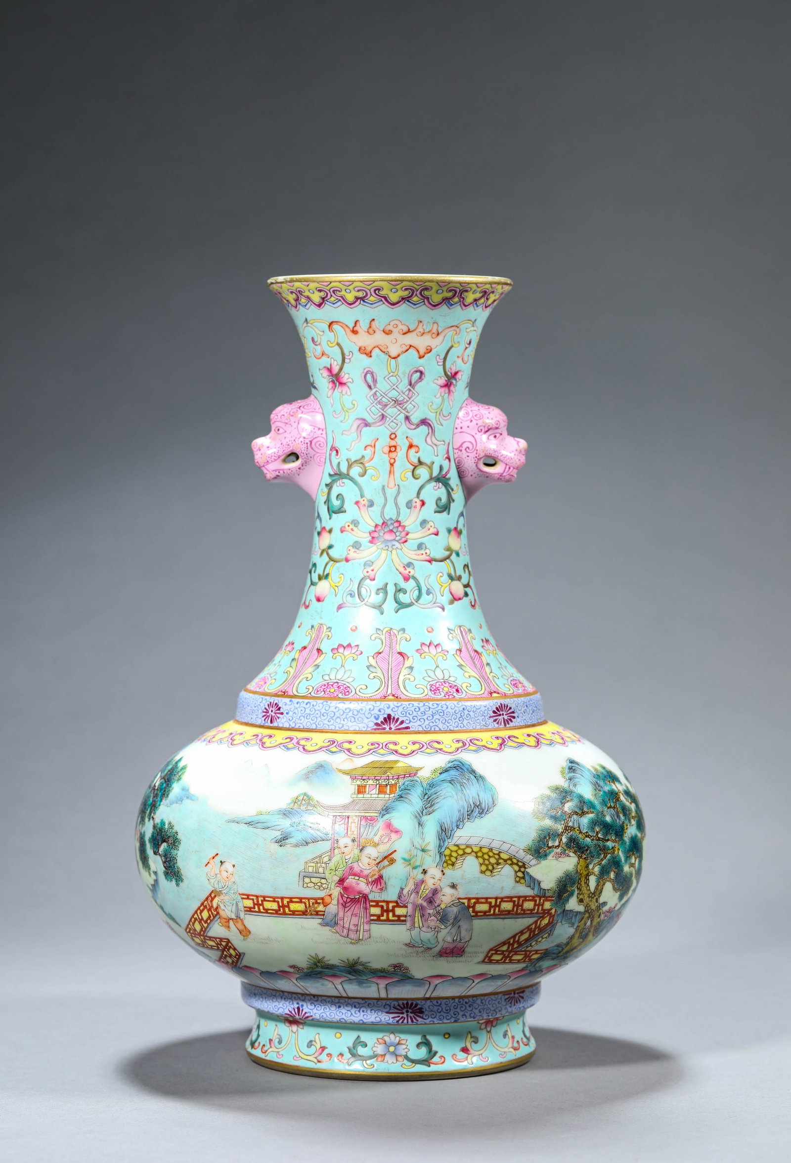 A Turquoise-Ground Famille-Rose 'Children at Play' 'Double Lion-Head Handles' Vase: Dimensions: Width: 19.5 cm (7.68 in) x Height: 30.5 cm (12.01 in). All measurements are approximate.