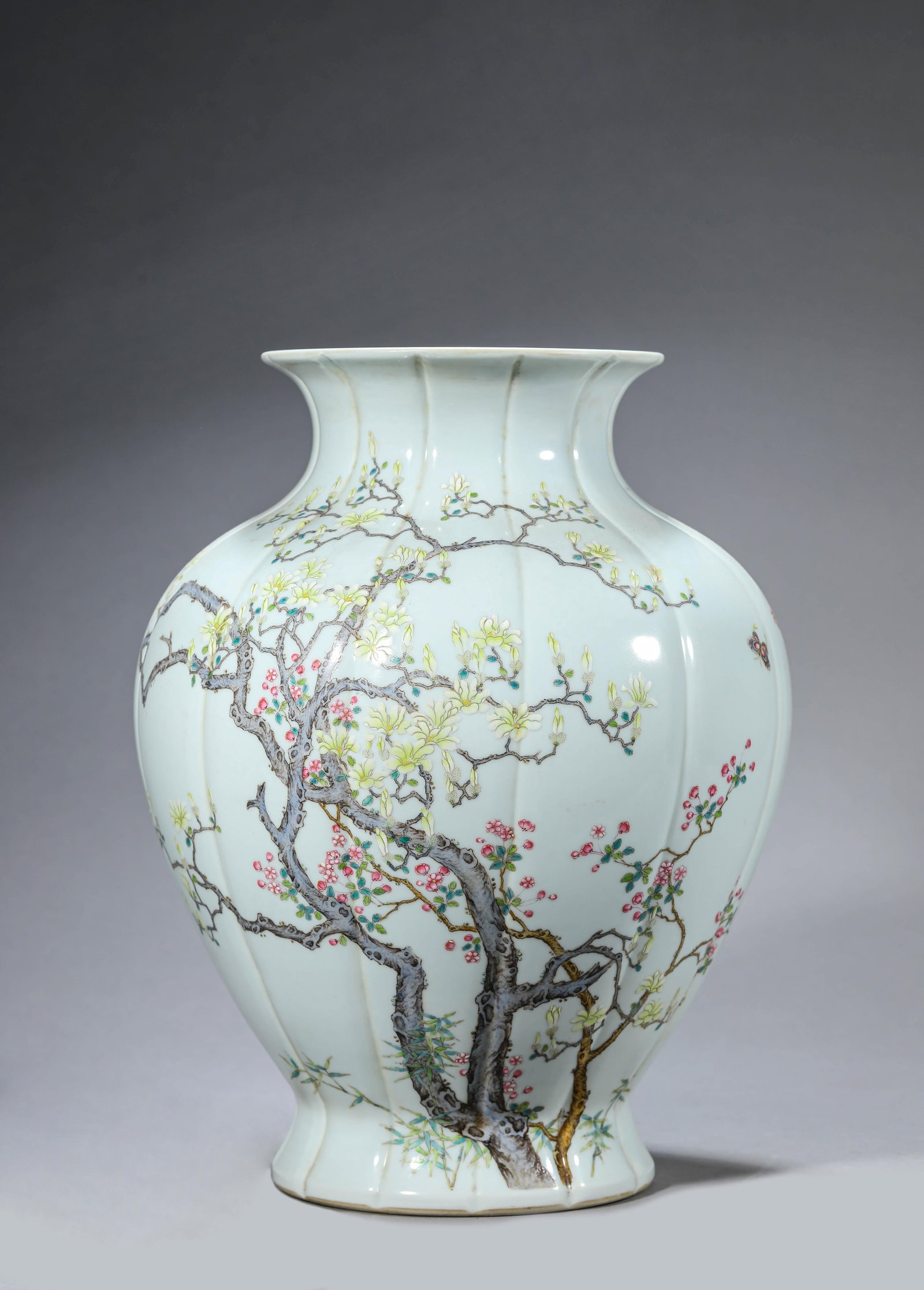 A Famille-Rose 'Floral and Poem' 'Melon-Lobed' Vase: Dimensions: Width: 24.0 cm (9.45 in) x Height: 33.0 cm (12.99 in). All measurements are approximate.