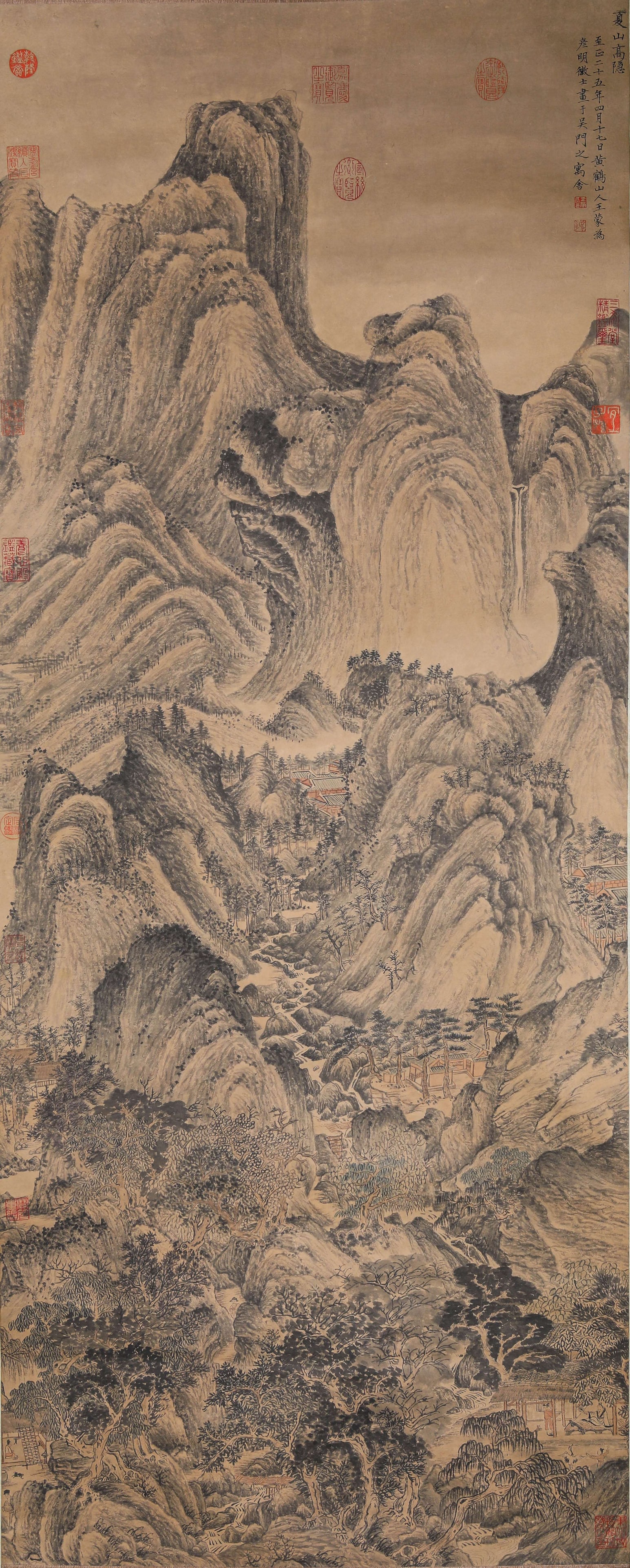Wang Meng (1308-1385), attributed to, High Seclusion in Summer Mountains: Dimensions: Width: 164.0 cm (64.57 in) x Height: 67.0 cm (26.38 in). All measurements are approximate.