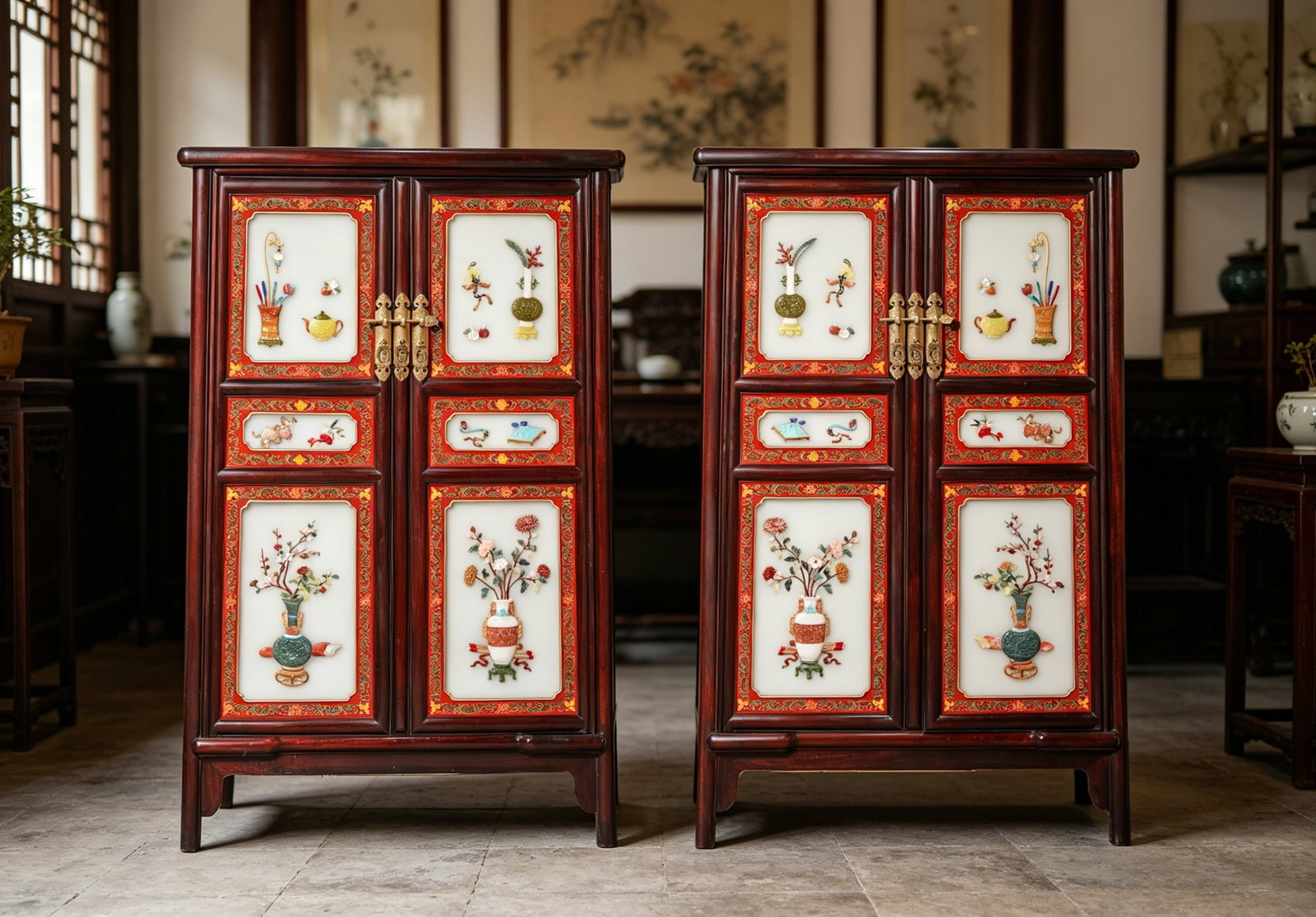 A Pair of Hongmu Hundred-Treasure Inlaid Cabinets, Qing Dynasty: L 74.0cm (29.13 in); W 33.0cm (12.99 in); H 120.0cm (47.24 in)A pair of Qing Dynasty Hongmu cabinets with hundred-treasure inlay. Features jade, agate and lapis lazuli depicting seasonal flowers and a