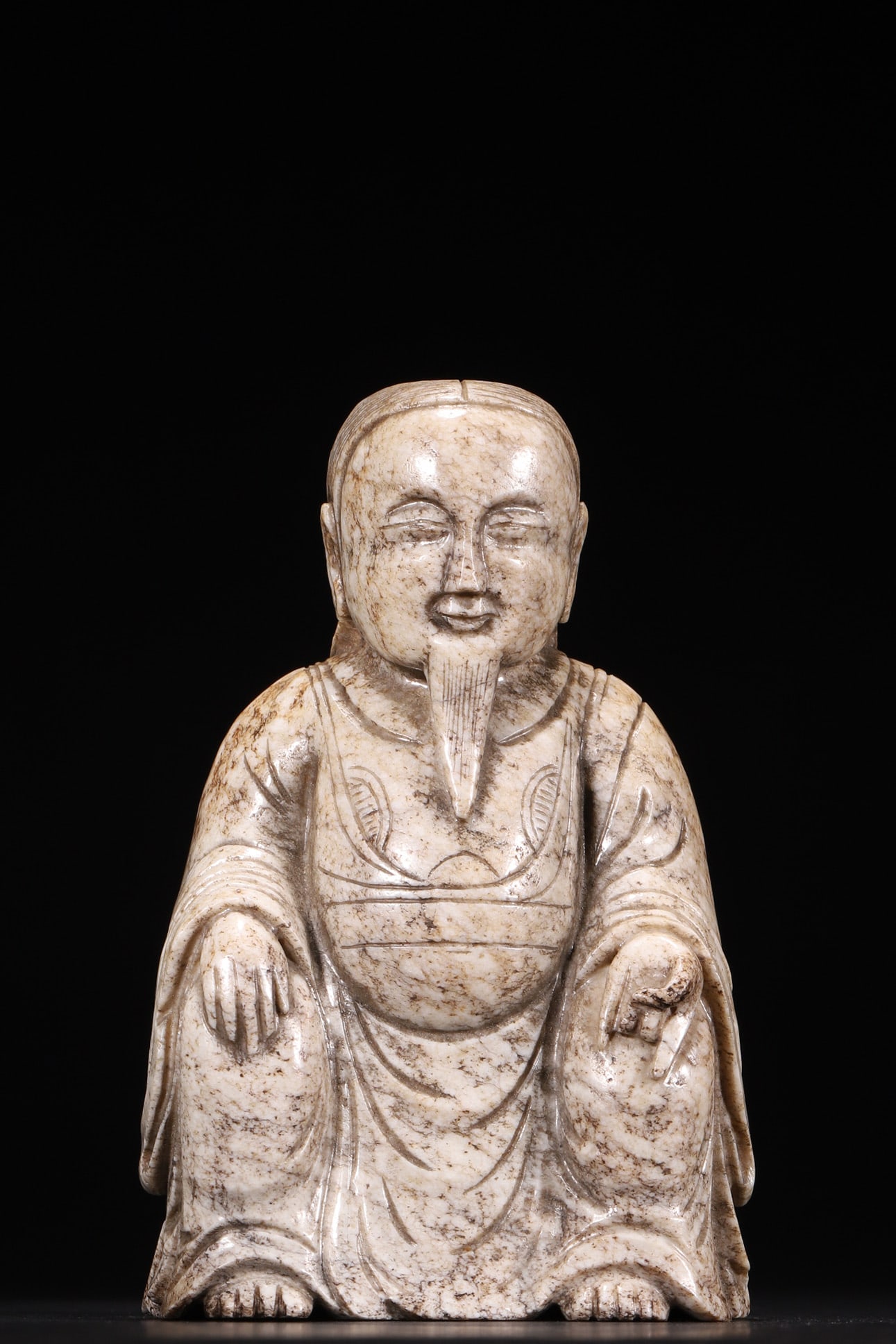A - Hetian Jade Seated Figure Statue, Qing Dynasty: L 9cm (3.54 in); W 5cm (1.97 in); H 14cm (5.51 in); Wt 894g (1.97 lb)This Qing Dynasty Hetian jade seated figure is fully calcified with natural patina. Featuring Qing hairstyle and robes, it has smoo