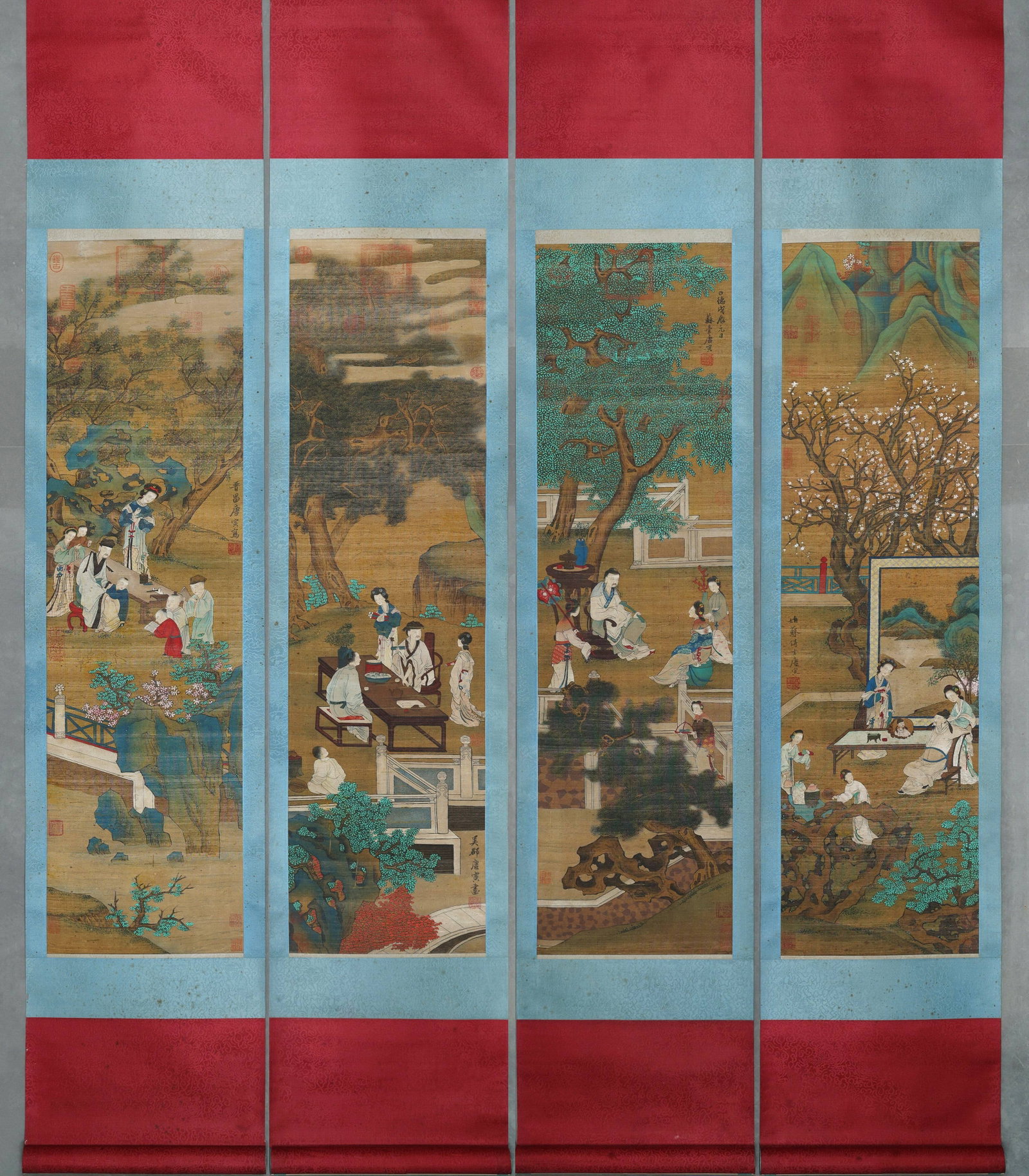 A Set of Four Hanging Scrolls "Teaching in the Spring Courtyard" on Silk, Attributed to Tang Yin, (1 of 10)