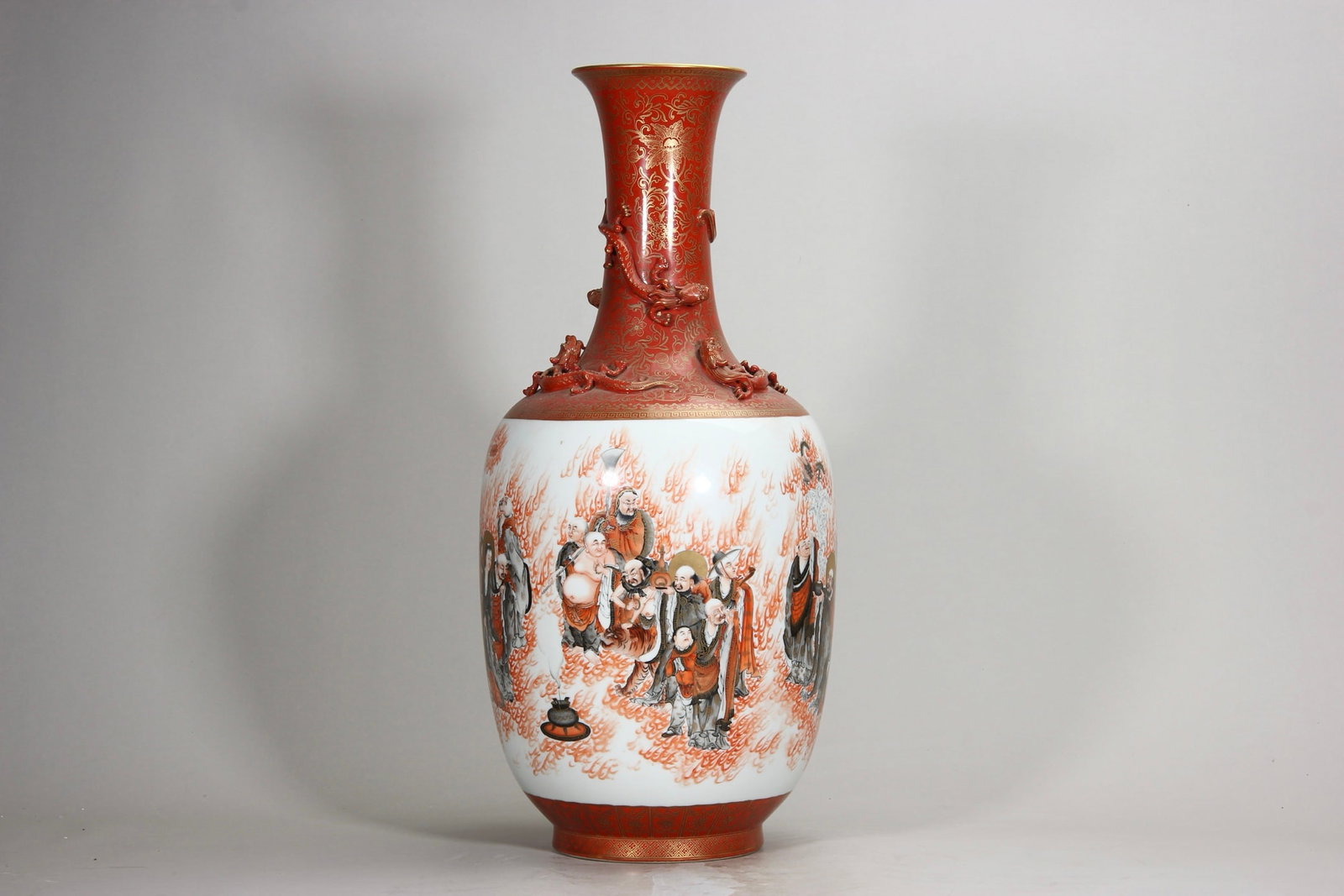 A Coral Red and Gilt with Ink Color "Eighteen Arhats" Vase with Applied Dragons, Qianlong Period, (1 of 13)