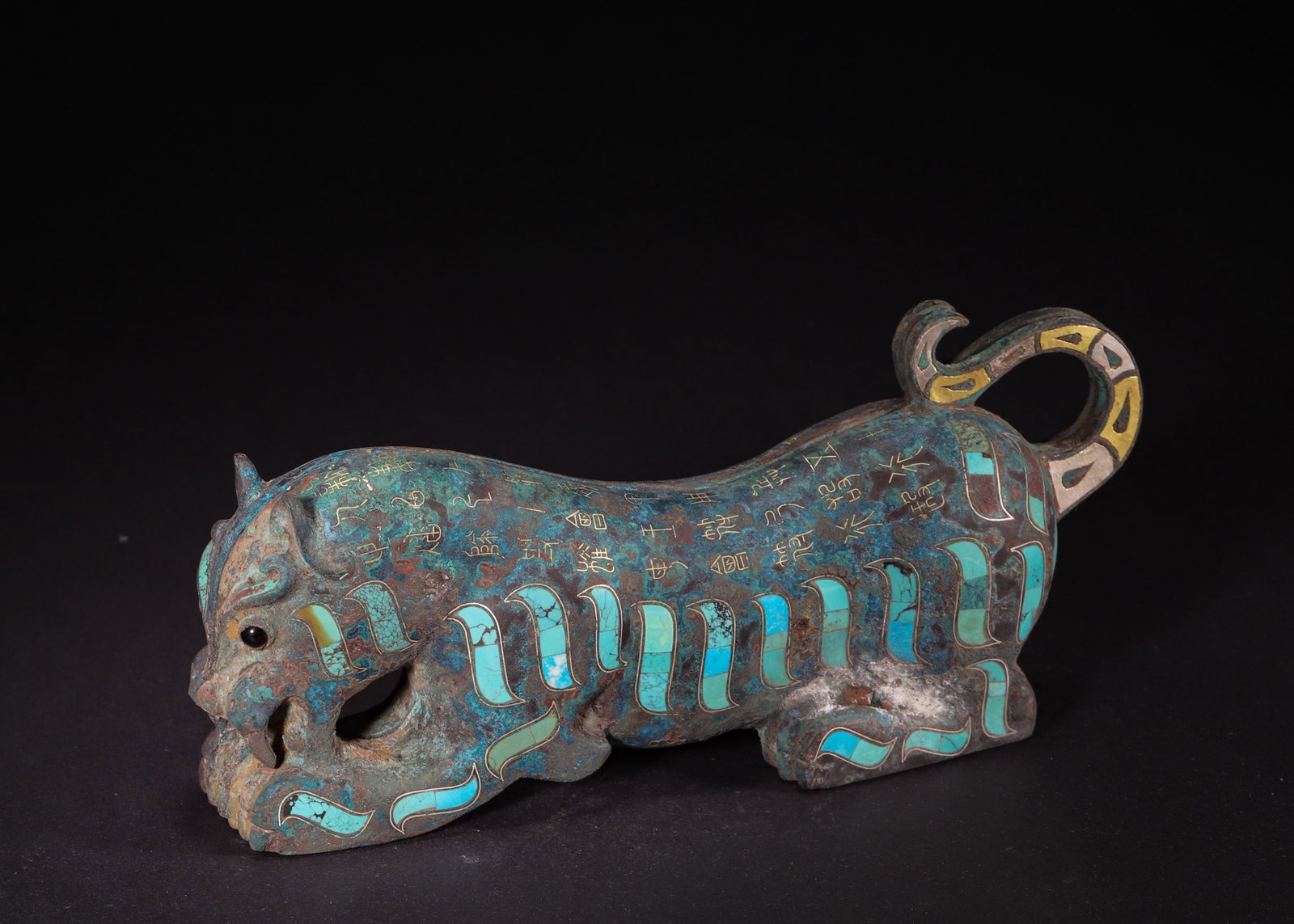 A Bronze Gold and Silver Inlaid Turquoise-Embedded Tiger Tally with Inscriptions, Warring States to (1 of 11)