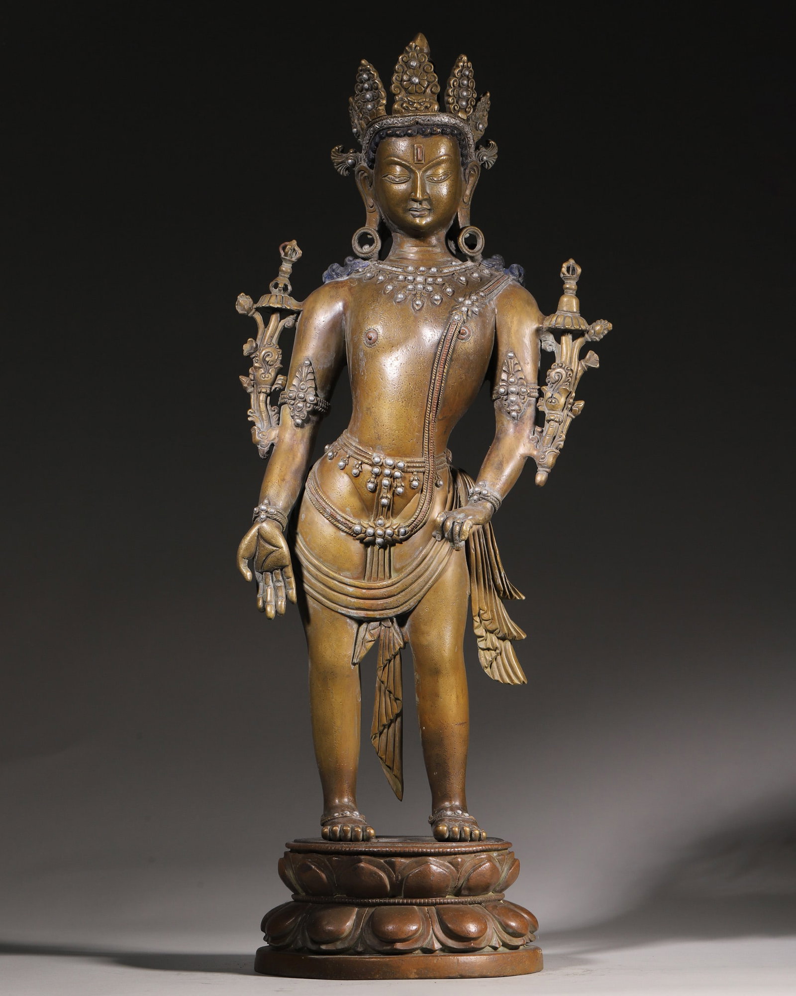 A Copper Standing Statue of Ksitigarbha Bodhisattva with Silver Inlay, Qing Dynasty (1 of 12)