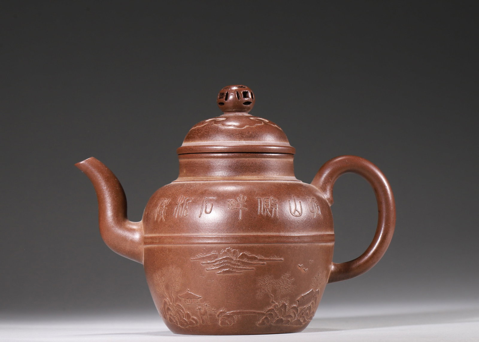 A Zisha Teapot with Painted Landscape, Poetic Inscriptions and Openwork Knob, Qing Dynasty (1 of 8)