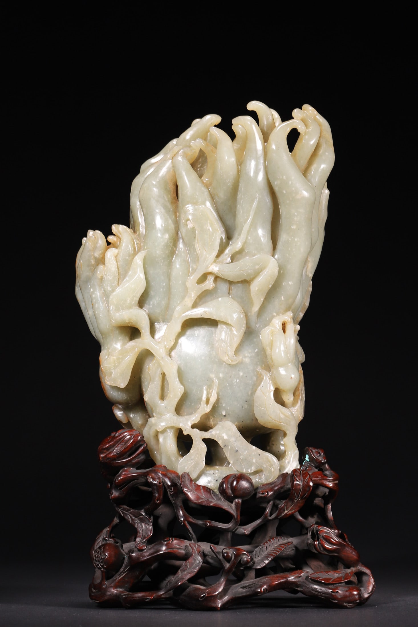 A - Hetian Jade Buddha's Hand Ornament with Rosewood Stand, Qing Dynasty (1 of 8)