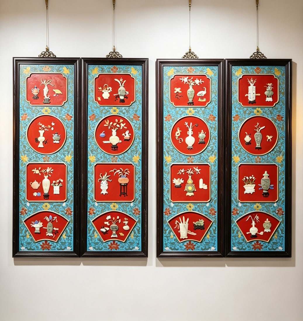 A Set of Four Blue Lacquer Gold-Painted Hundred-Treasure Inlaid 'Antiquities and Flowers' Panels,: W 40.0cm (15.75 in); H 118.0cm (46.46 in)A set of four Qing Dynasty panels with hundred-treasure inlay. Features jade, agate and lapis lazuli depicting seasonal flowers and antiquities in red lacquer 