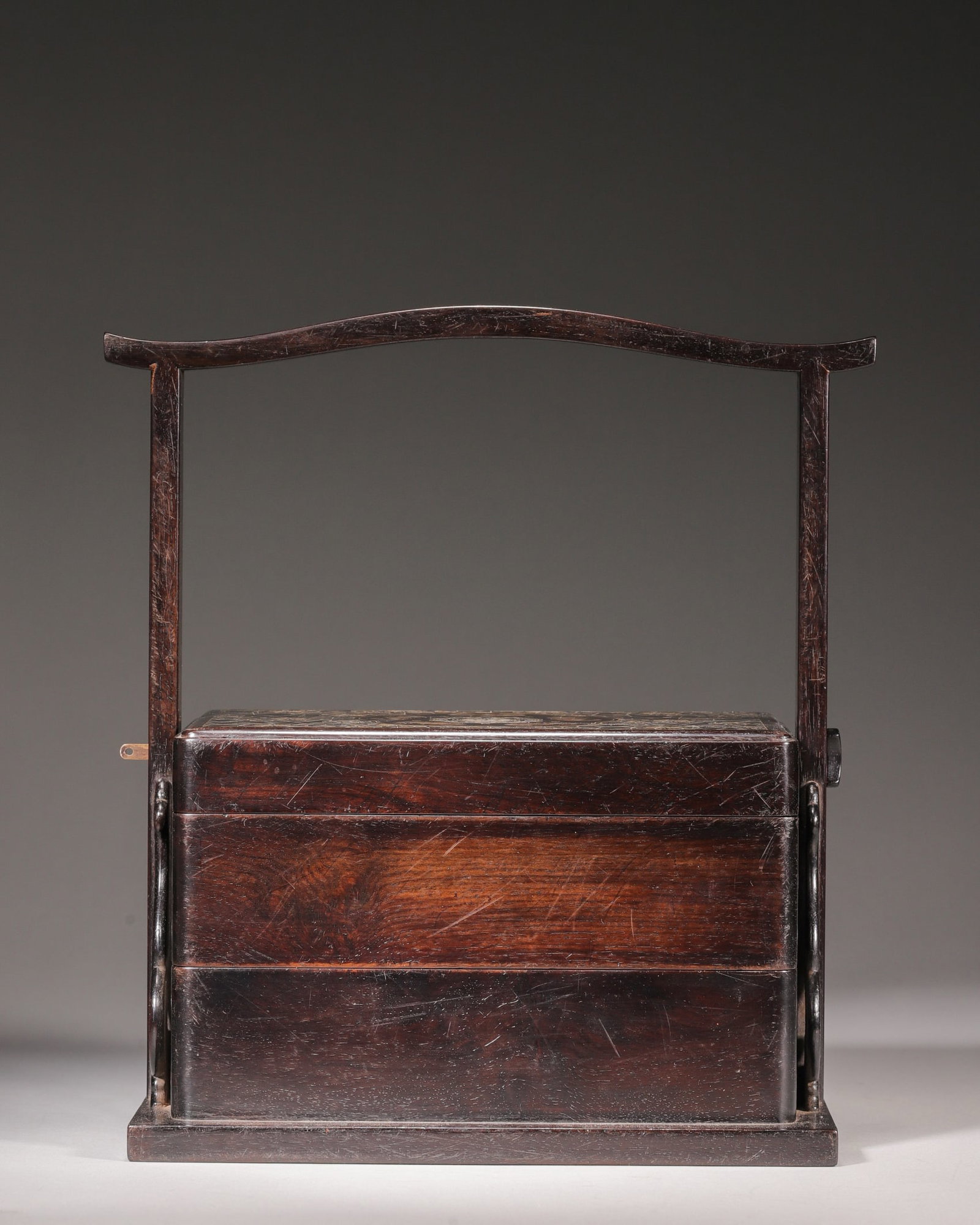 A Zitan Tiered Food Box with Inlaid Mother-of-Pearl and Silver Wire "Five Bats and Longevity" (1 of 8)