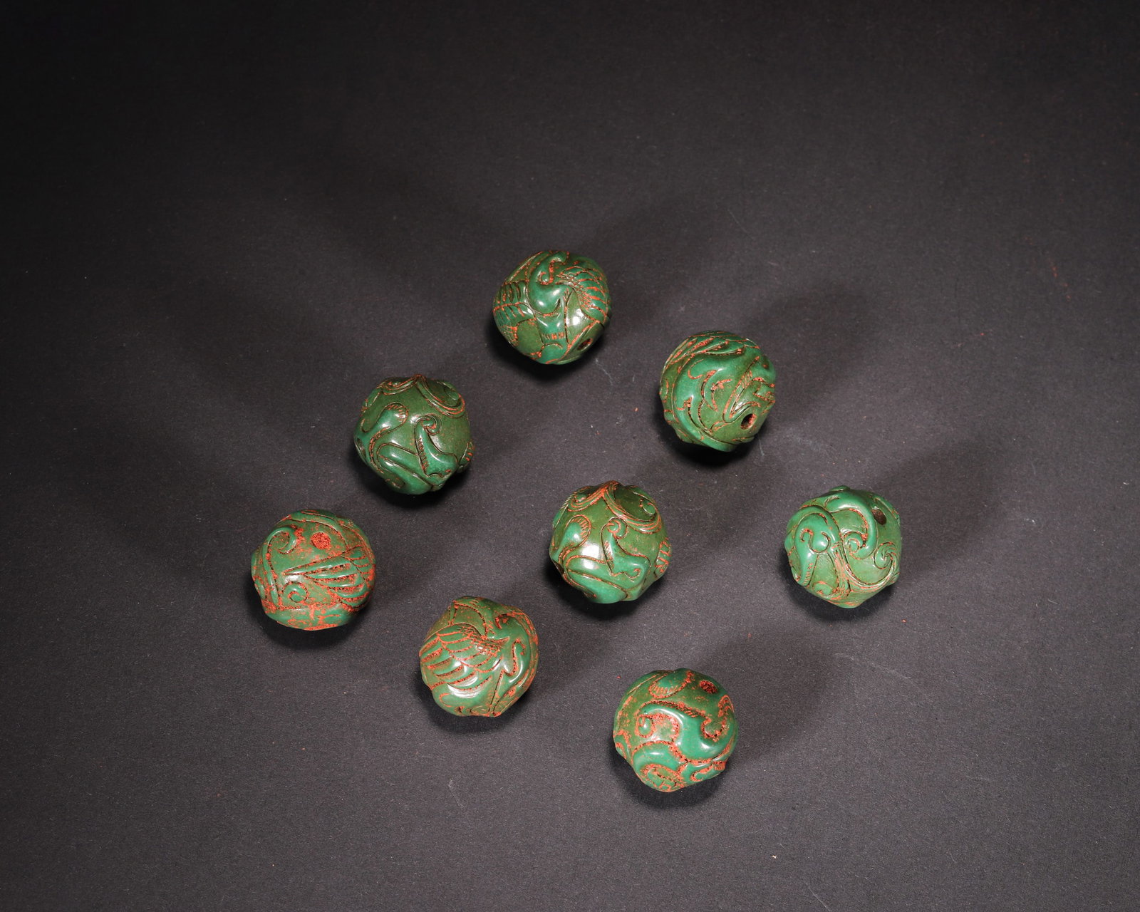 A Set of Eight Chinese Gemstones Dragon and Phoenix Pattern Beads, Han Dynasty (1 of 7)