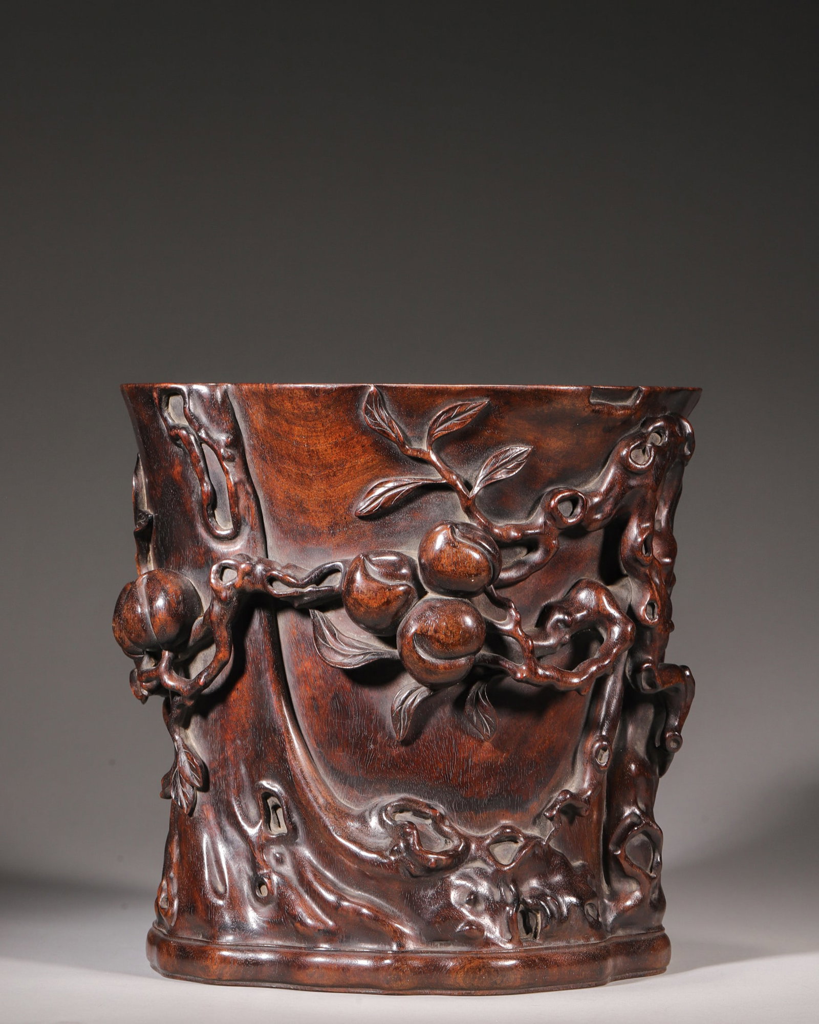 A Zitan Brush Pot with Peach Pattern Carving and Inner Wall Poem Inscription, Qing Dynasty (1 of 9)