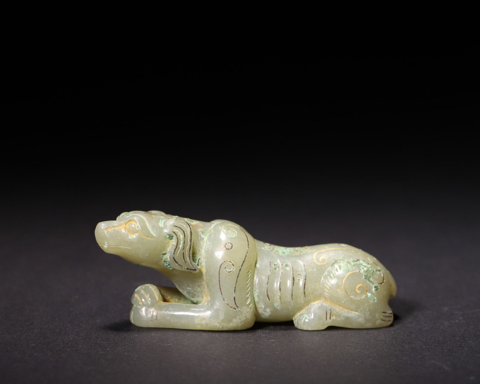 An Inlaid Gold and Silver Celadon Jade Recumbent Dog,Han Dynasty (1 of 7)
