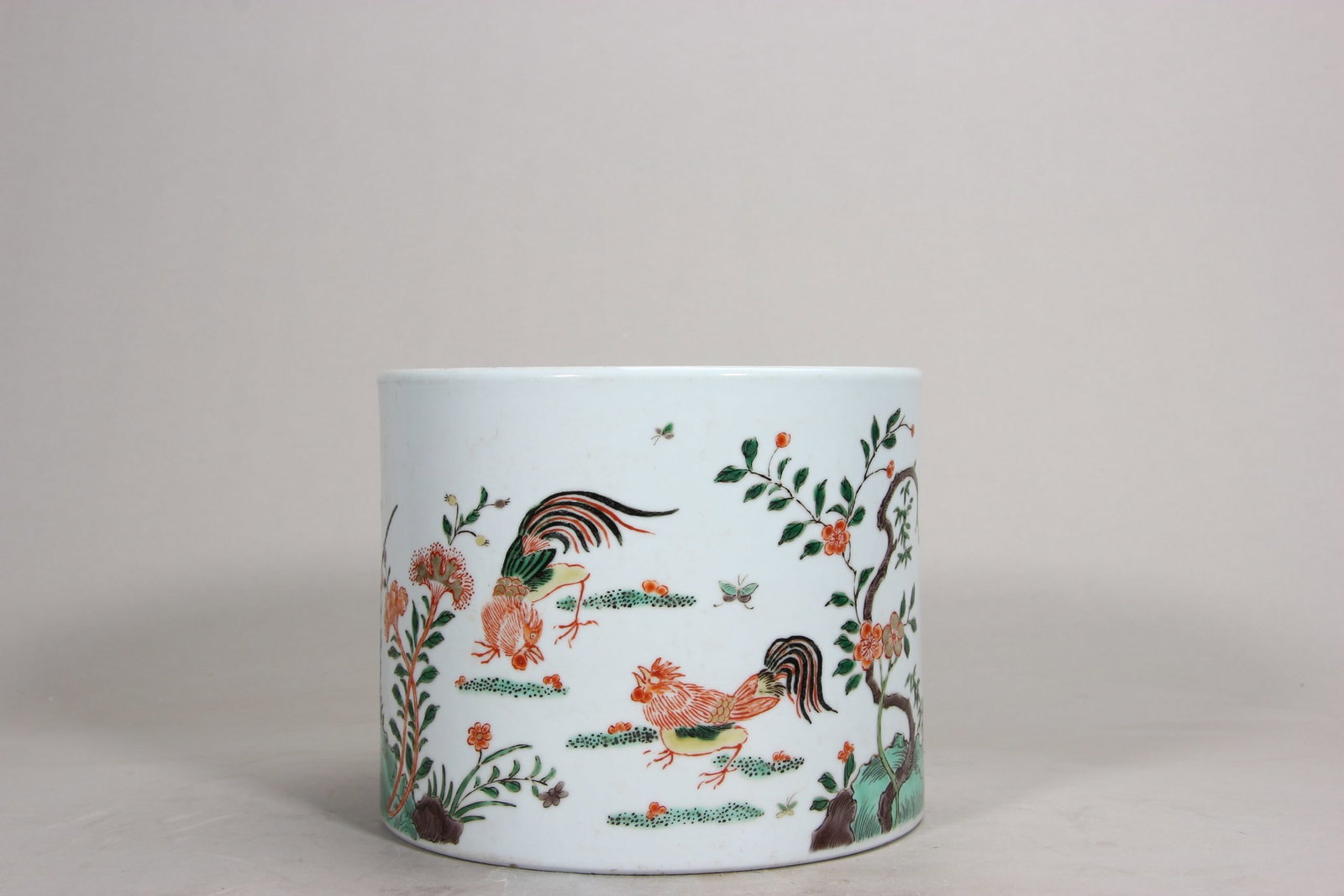 A Five-Colored "Rooster" Brush Pot, Kangxi Period, Qing Dynasty (1 of 10)