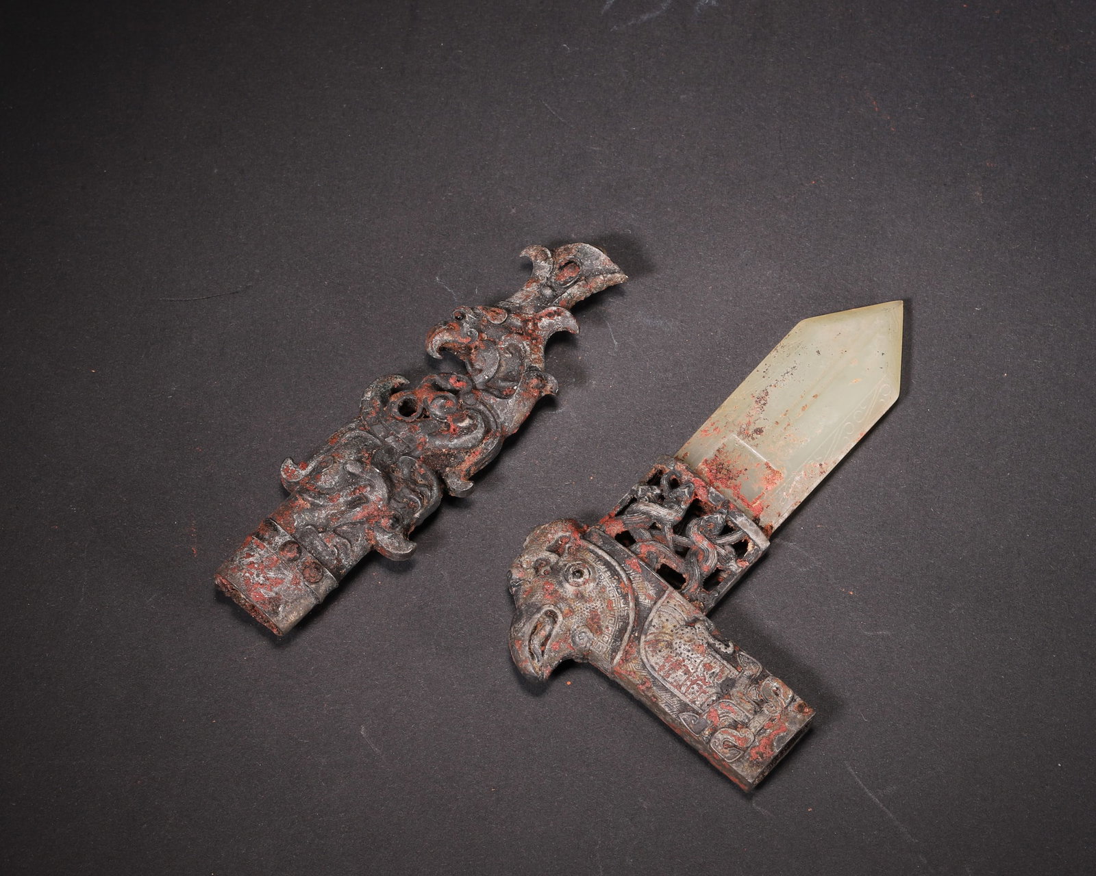 A Set of Two Bronze Phoenix-Form Jade Ge Dagger-Axe, Han Dynasty (1 of 9)