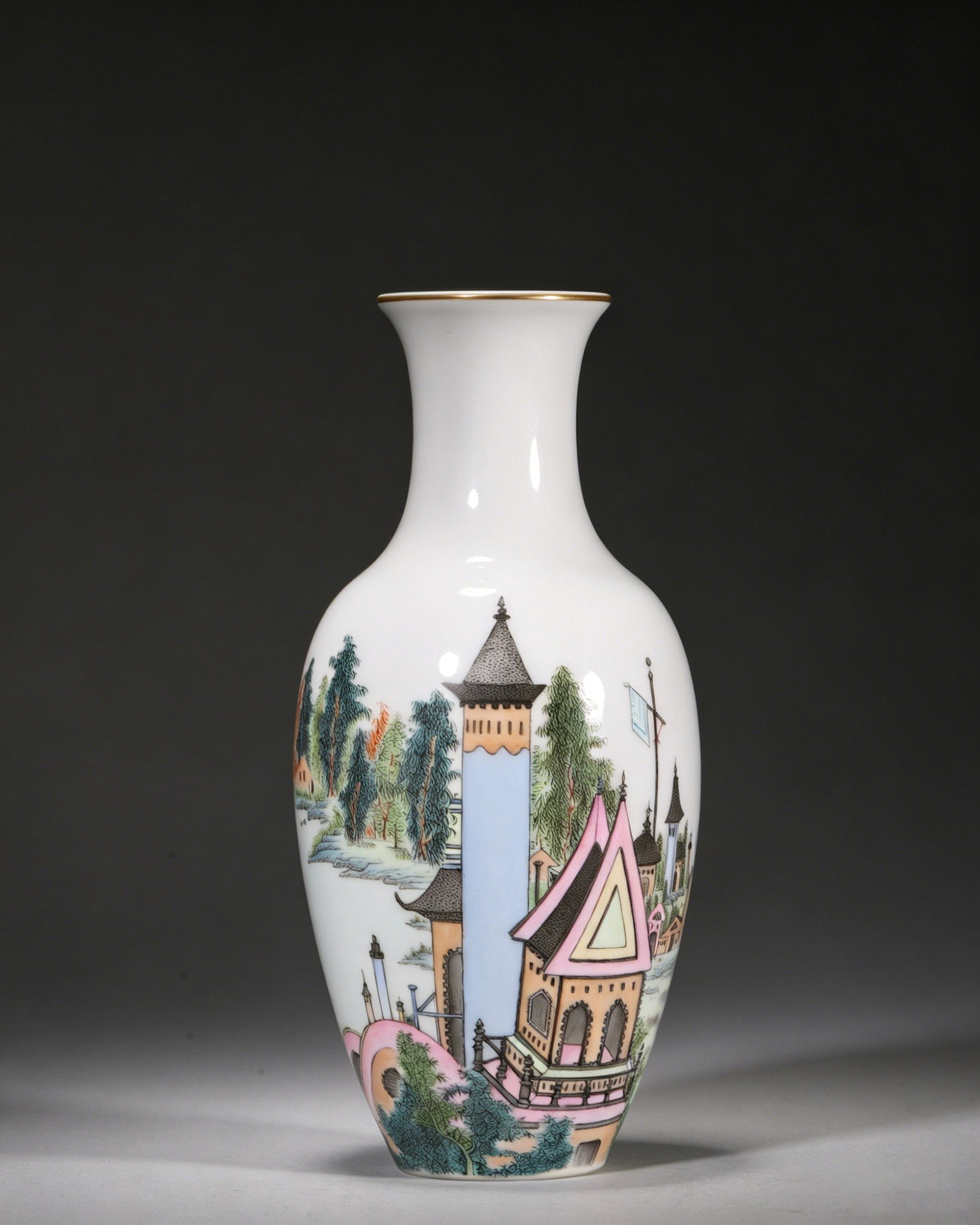 A FAMILLE ROSE VASE WITH WESTERN FIGURES AND EUROPEAN LANDSCAPE, QIANLONG PERIOD, QING DYNASTY: H 23.00cm (9.06 in); D 9.00cm (3.54 in),Qianlong marked porcelain vase with glossy white glaze. Whole vase decorated famille rose European townscape, western figures and hounds, adopting western persp