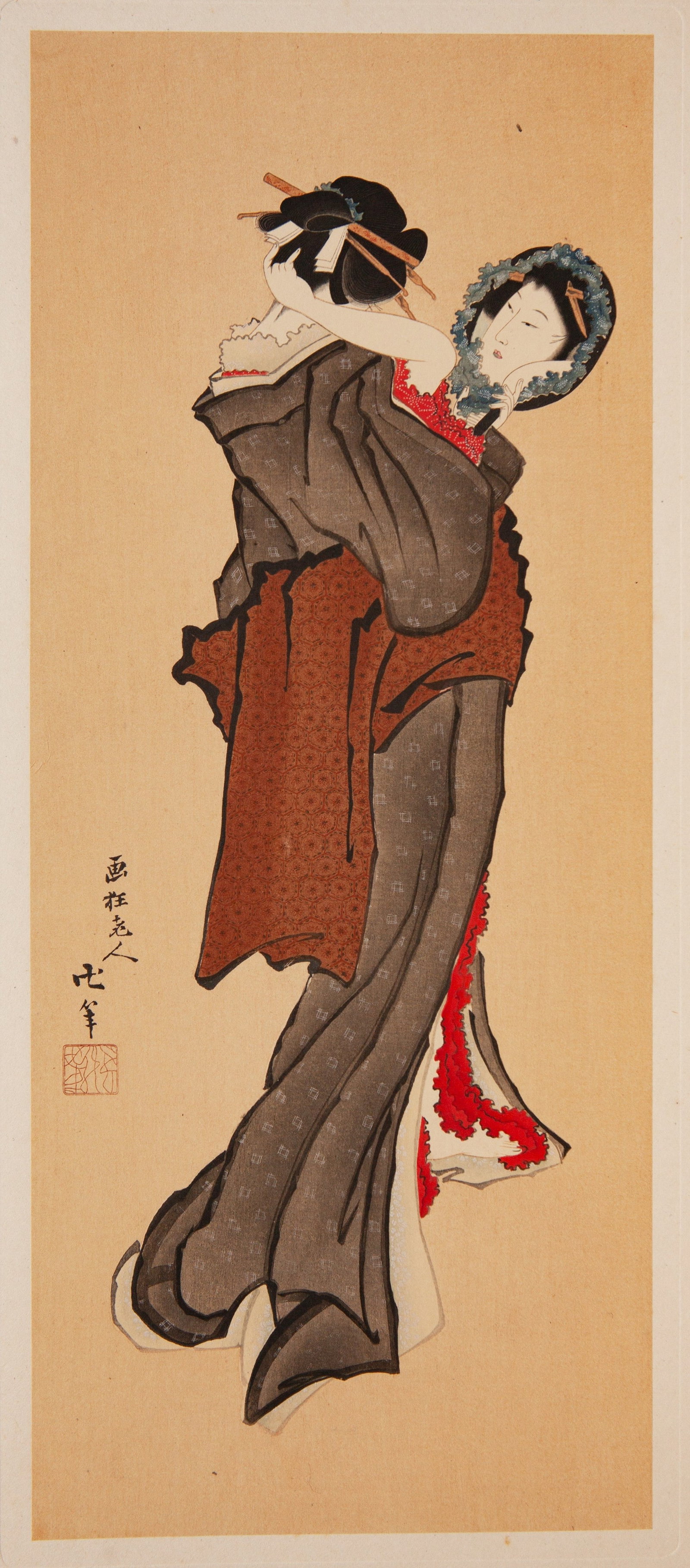 KATSUSHIKA HOKUSAI AKIRA MIRROR FACE HAND-FOLDED WOODCUT: 38cm??16cm (14.96in ?? 6.30in)
