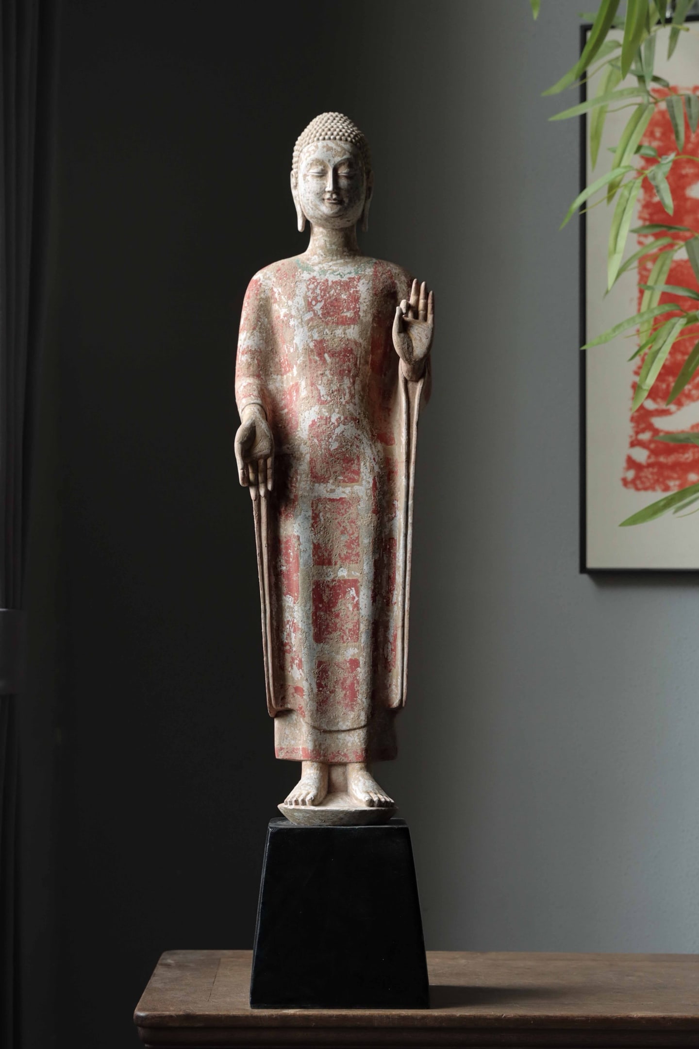 A PAINTED STATUE OF SAKYAMUNI STANDING BUDDHA ON SANDSTONE FROM THE NORTHERN QI DYNASTY (1 of 9)