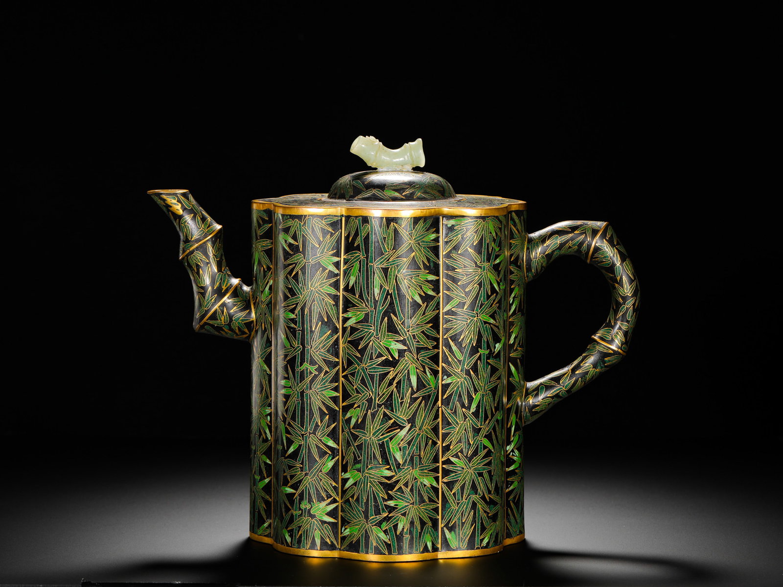 QING DYNASTY COPPER BODY CLOISONNE ENAMEL BAMBOO PATTERN JADE KNOB TEAPOT (1 of 9)