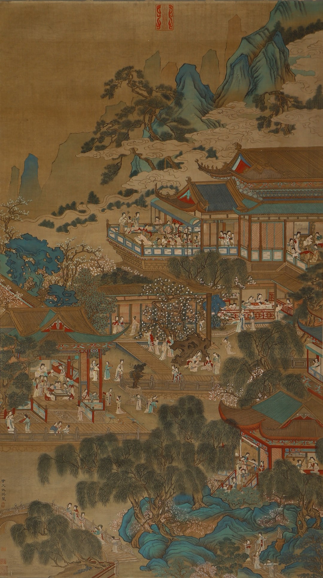A VERTICAL SCROLL ON SILK PAINTING OF PAVILIONS AND LANDSCAPES BY QIU YING OF THE MING DYNASTY: H:206cm(81.10in) W:104cm(40.94in)Vertical silk scroll of pavilion landscape by Qiu Ying, depicting immortal mountains, palaces and numerous ladies, with delicate fine brushwork and elegant blue-green 