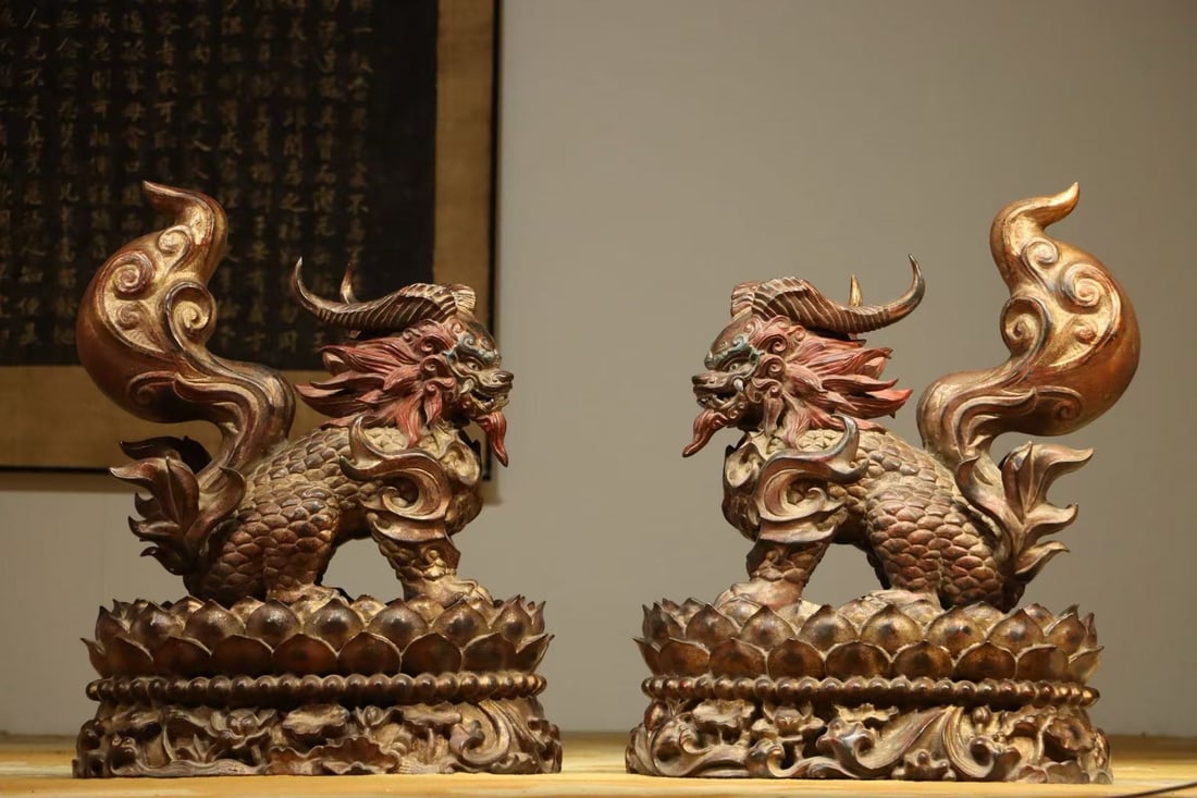 BRONZE LACQUERED GOLD UNICORN-HORNED AUSPICIOUS BEAST QILIN OF THE QING DYNASTY (1 of 12)