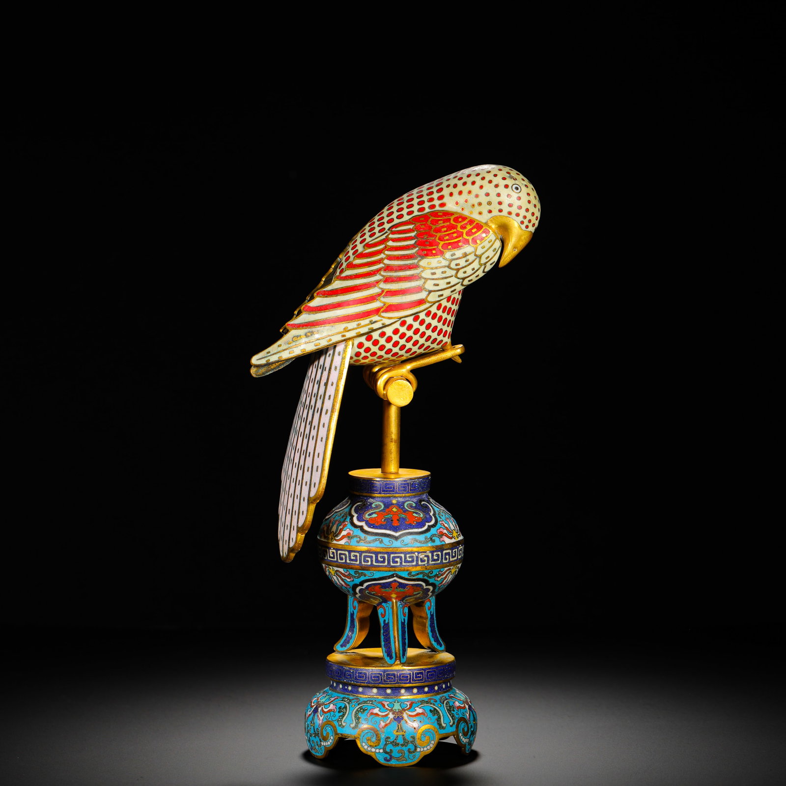 QING DYNASTY COPPER BODY CLOISONNE ENAMEL GILDED PARROT: Height:33cm(12.99in) Width:15cm(5.91in) Weight:1150g(2.54lb)Cloisonne gilt parrot ornament, Qing Dynasty palace craft.Fine copper body with full gilding and multi-color enamel glaze.The parrot stands 