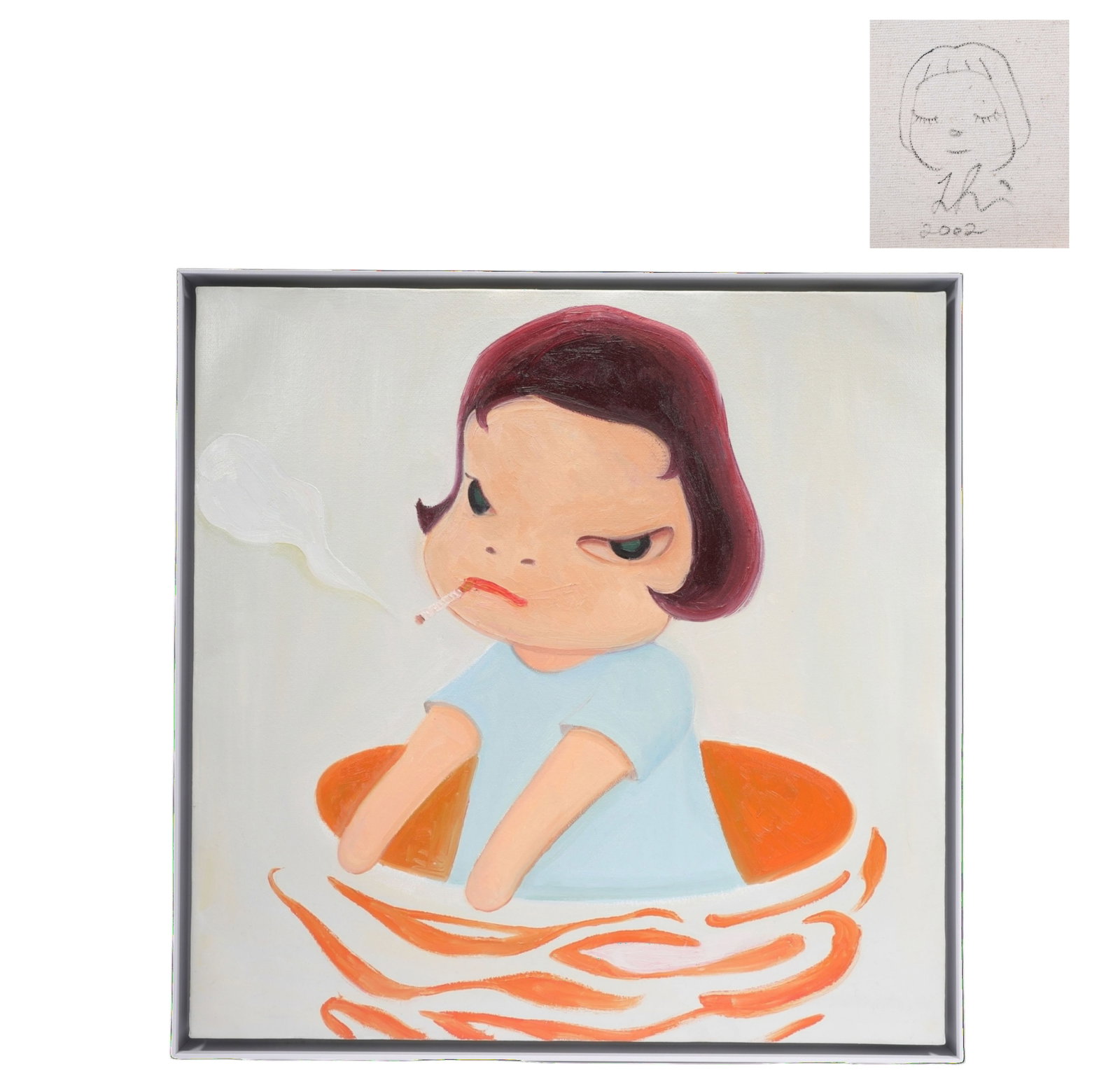 YOSHITOMO NARA (JAPAN, B. 1959), ATTRIBUTED TO,OIL ON CANVAS, ORIGINAL PERIOD FRAME: Yoshitomo Nara has attained cult status, with a devoted following. This powerful stark painting is very much in keeping in his style and follows many of his popular themes. Dimensions: Unframed 49.5cm