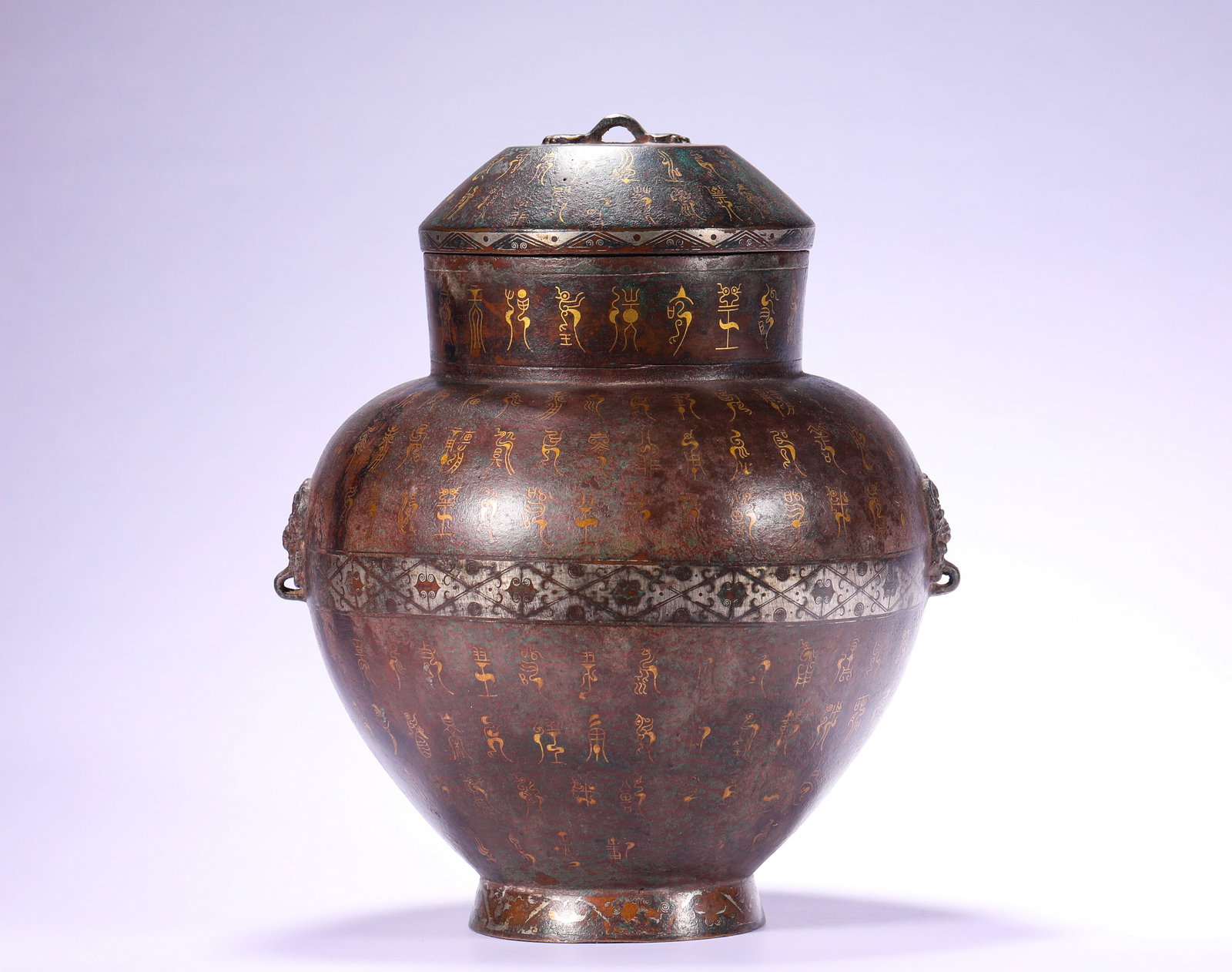 BRONZE INLAID WITH GOLD AND SMALL SEAL SCRIPT JARS OF THE QIN DYNASTY: H:23cmW:17cmWeight:1880g