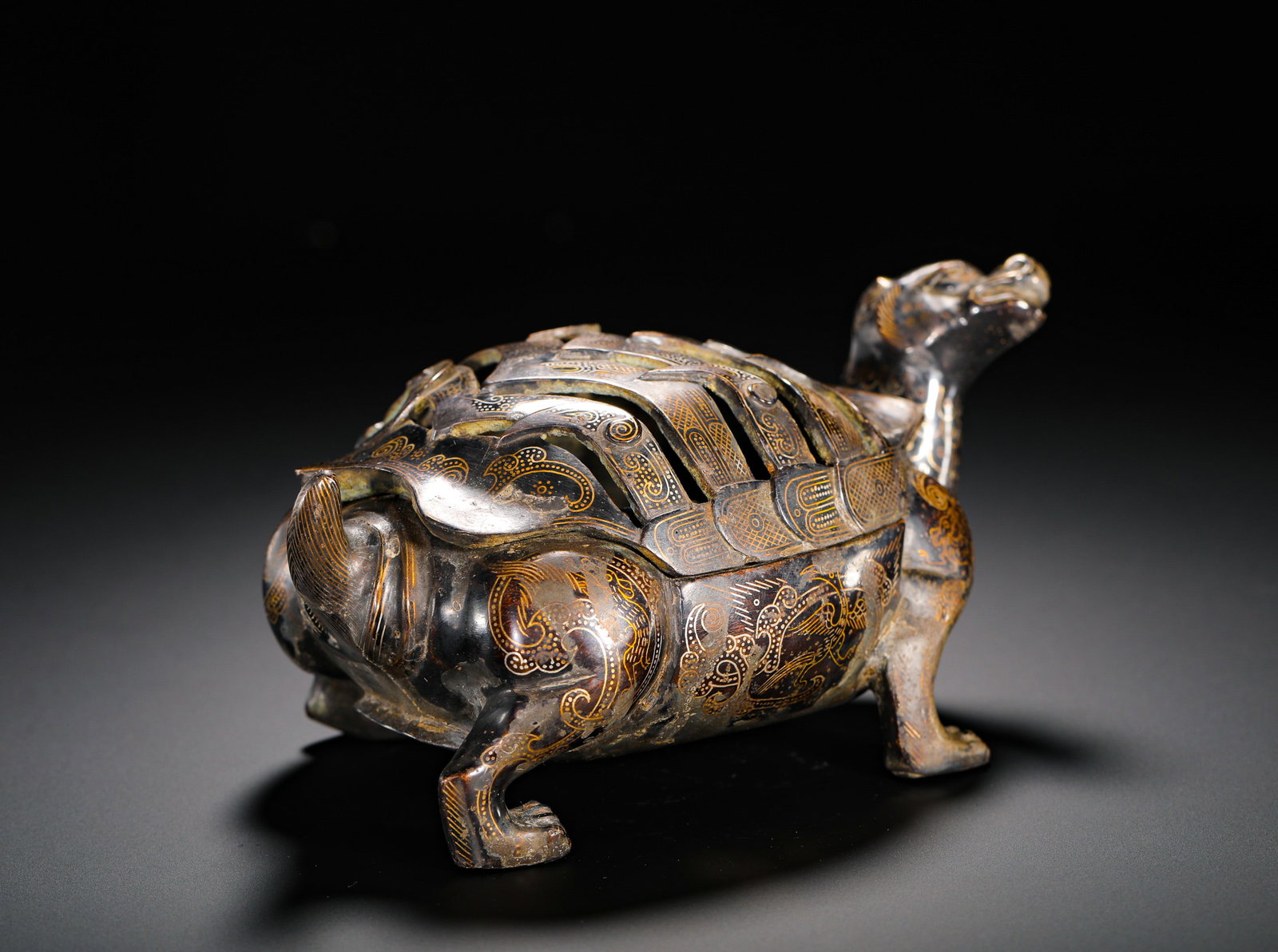 HAN DYNASTY COPPER INLAID GOLD BLACK TORTOISE INCENSE BURNER (1 of 13)