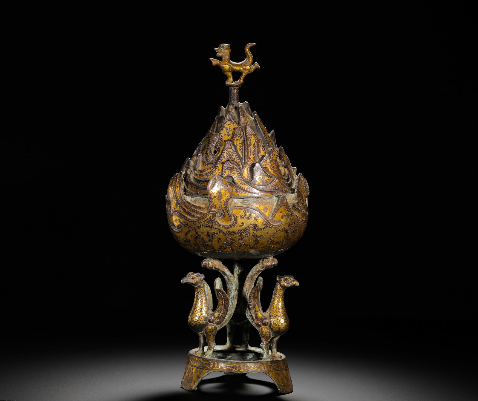 HAN DYNASTY GILDED DOUBLE PHOENIXES SUPPORTING THE BOSHAN FURNACE (1 of 9)