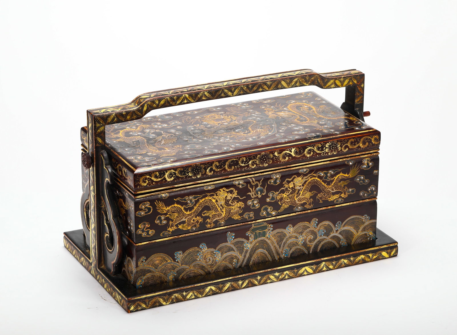 QING DYNASTY BLACK LACQUER GILDED INLAID MOTHER-OF-PEARL HANDLE MULTI-LAYERED BOX (1 of 16)